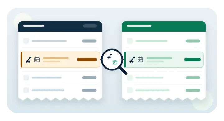 Illustration: an invoice line and an agreement row for the same machine and period, highlighted and compared.
