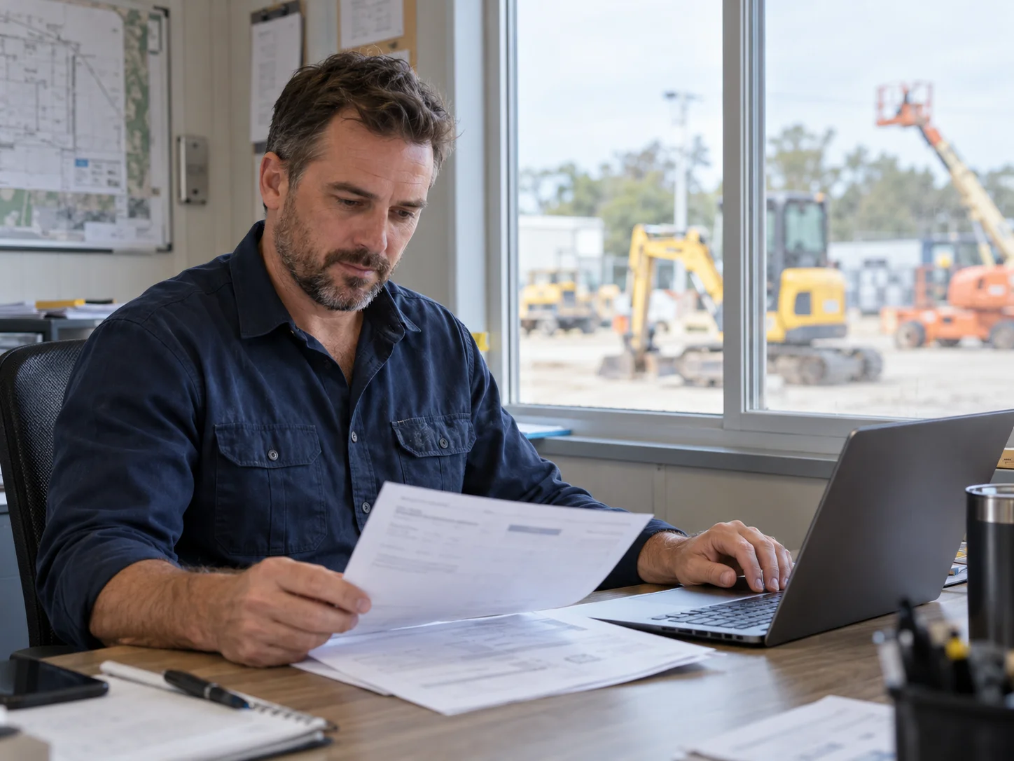 A contractor in a site office reviews a rental invoice at a laptop, with an excavator and a boom lift outside the window.