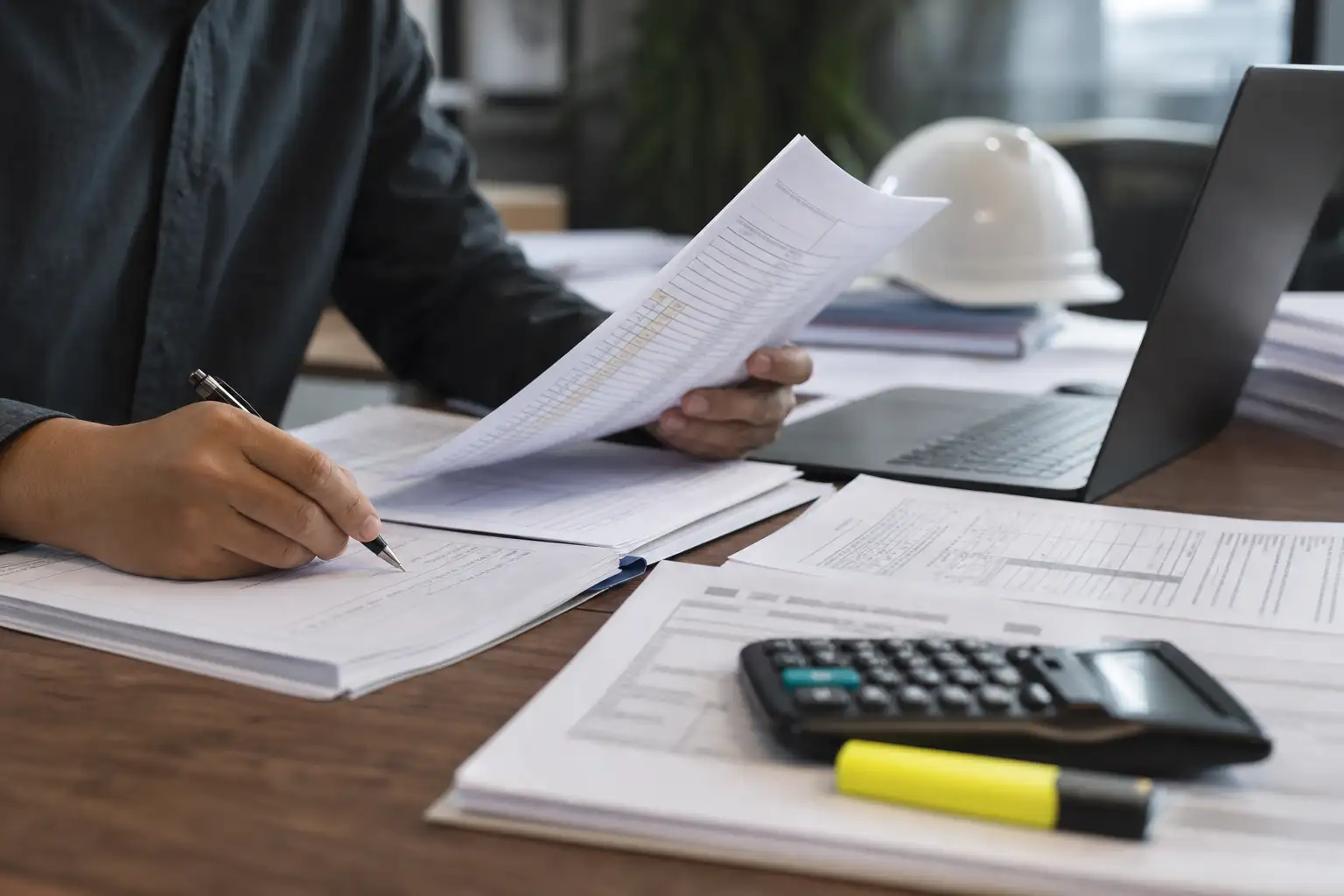 An office desk with rental invoices, a contract package, a calculator, and a hard hat beside a laptop