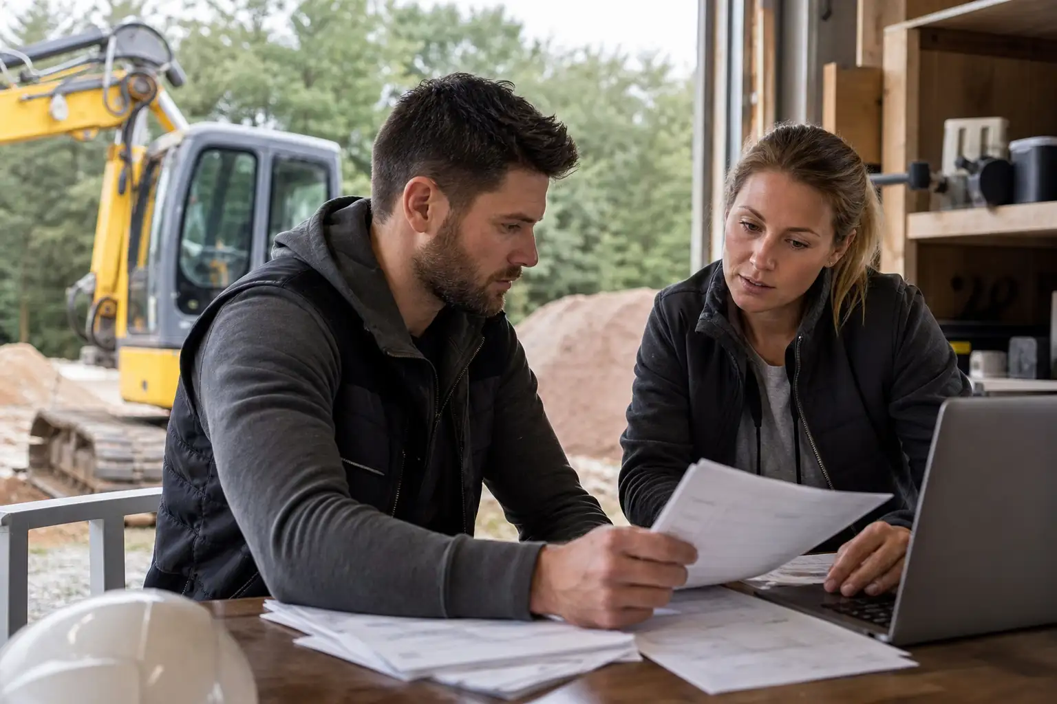 A project manager and finance staff reviewing equipment cost paperwork at a jobsite office with a rented machine visible outside.