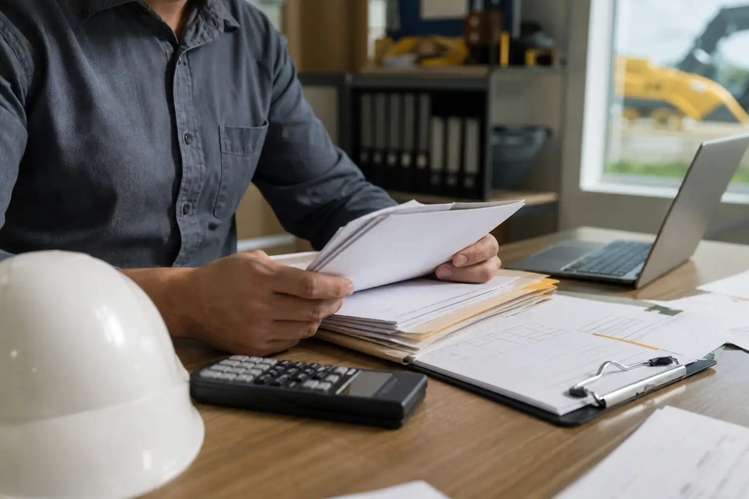 A finance reviewer at a desk comparing a rental invoice, a contract, and a delivery ticket beside a hard hat and clipboard.