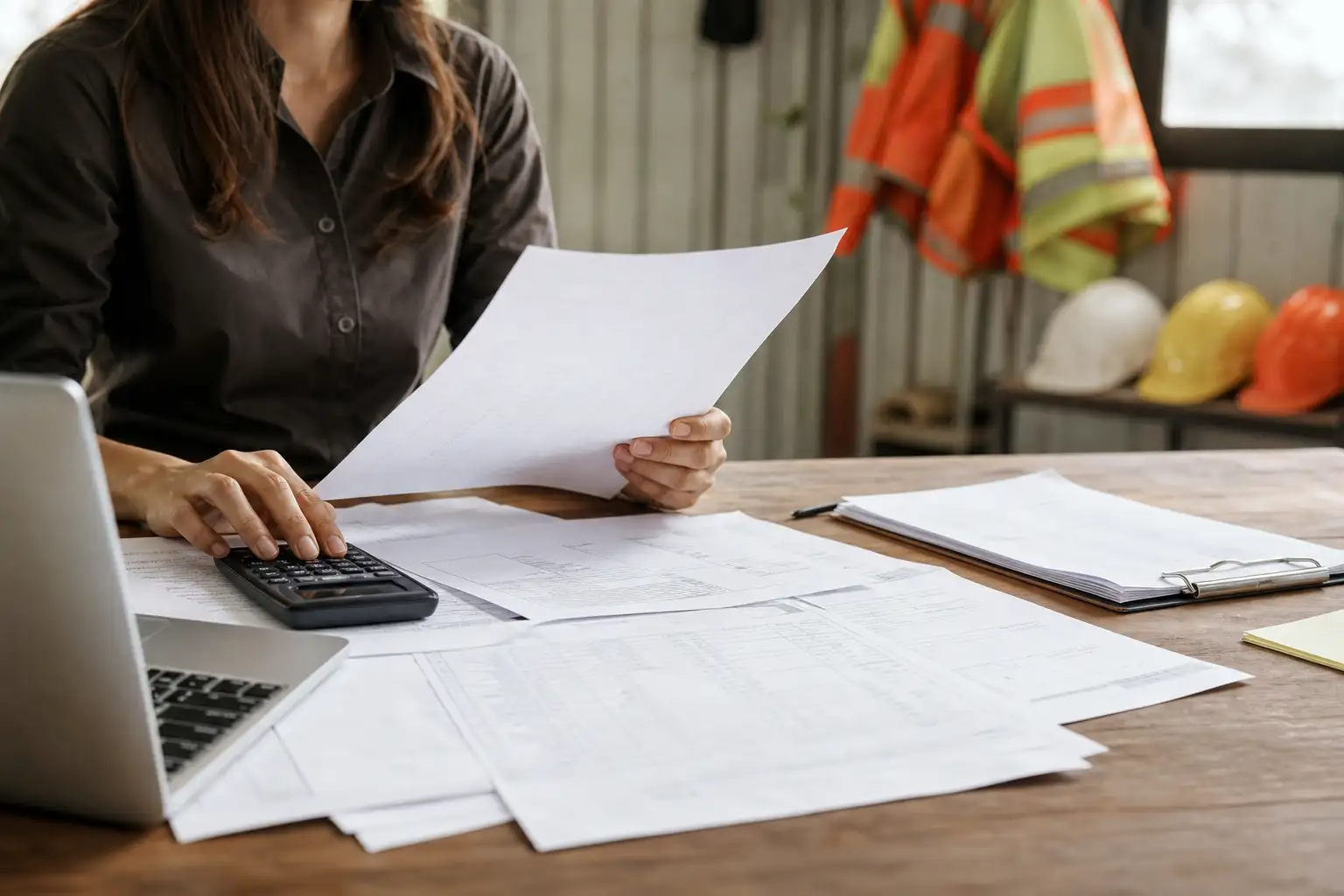 A finance professional reviews rental invoices, an equipment receipt, and an off-rent confirmation at a desk with jobsite paperwork in the background.