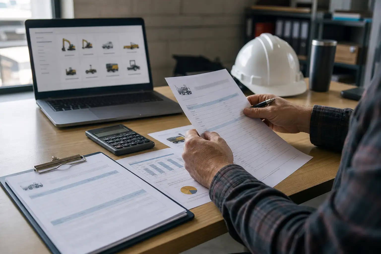 An office desk with rental invoices, utilization reports, and a laptop showing equipment categories next to a hard hat and calculator.