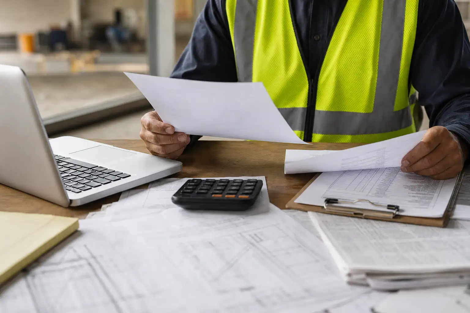 An AP or project control reviewer comparing a rental invoice, purchase order, and off-rent record at a desk with jobsite paperwork.