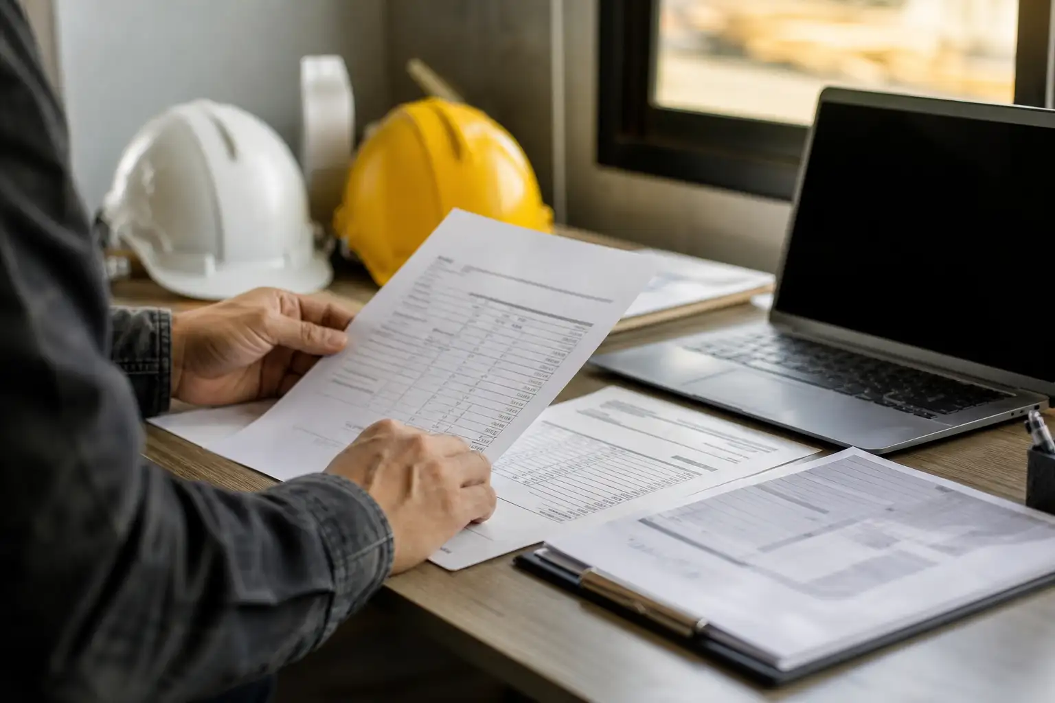 A finance or project administrator reviewing rental invoices, pickup paperwork, and equipment return records at a desk