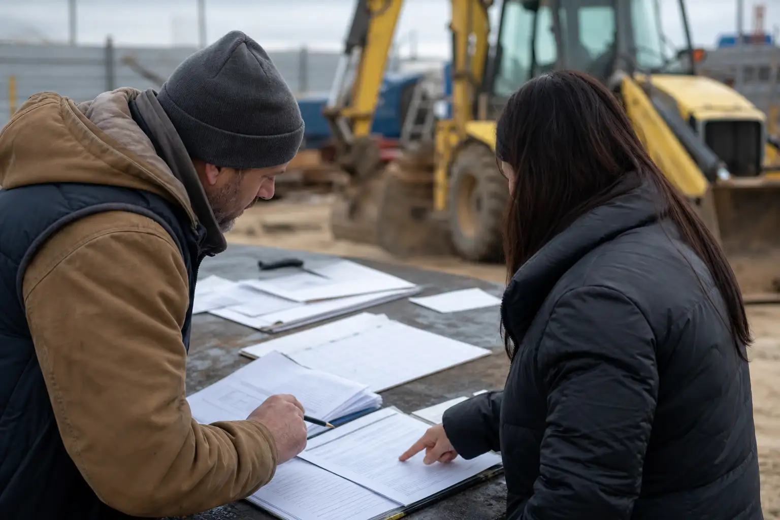 A project manager and AP staff reviewing a rental calendar, contract papers, and equipment status sheets on a jobsite table near parked construction equipment.