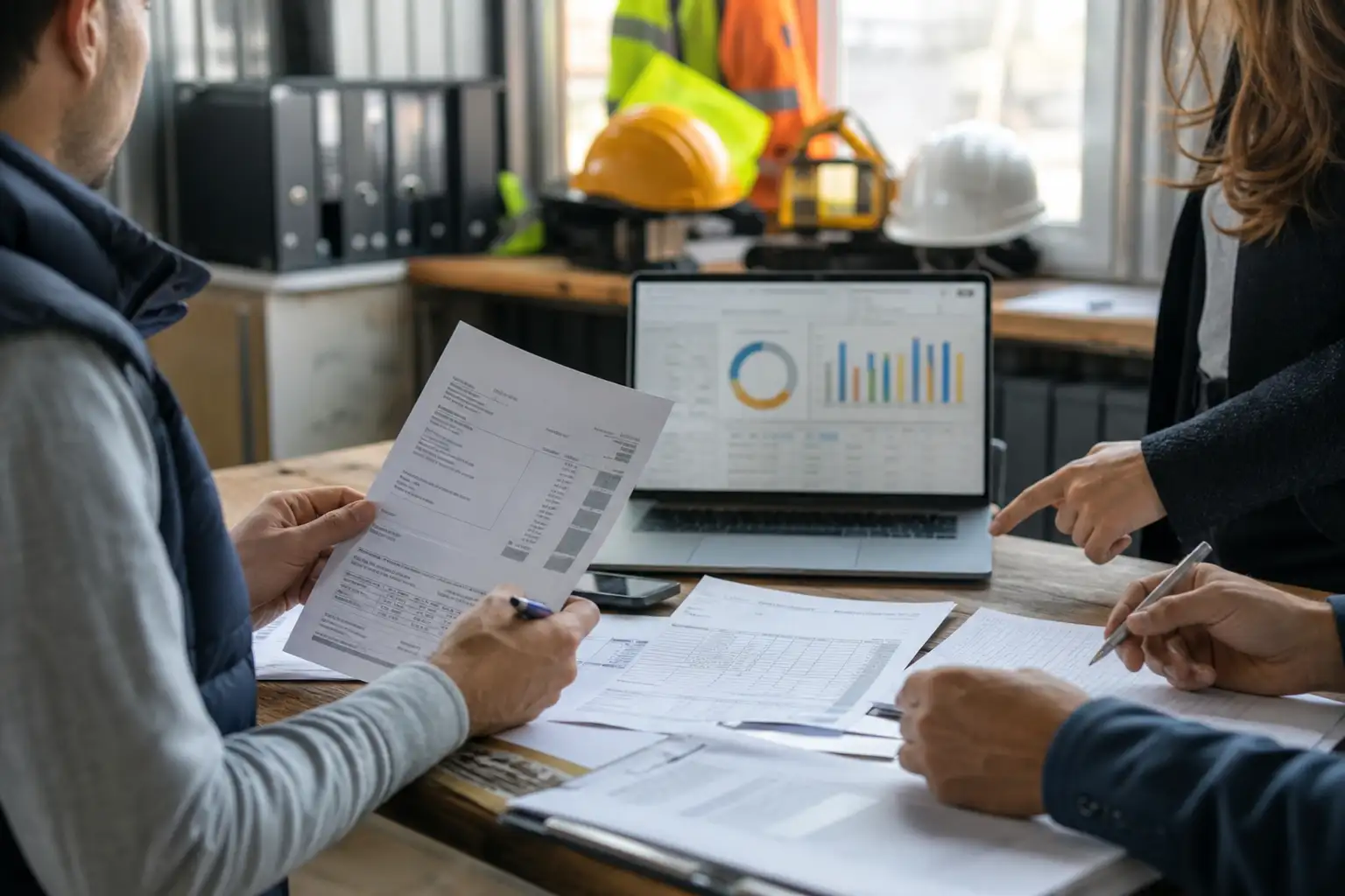A finance and operations team reviewing rental invoices, a laptop dashboard, and printed rate sheets at a desk in a construction office.
