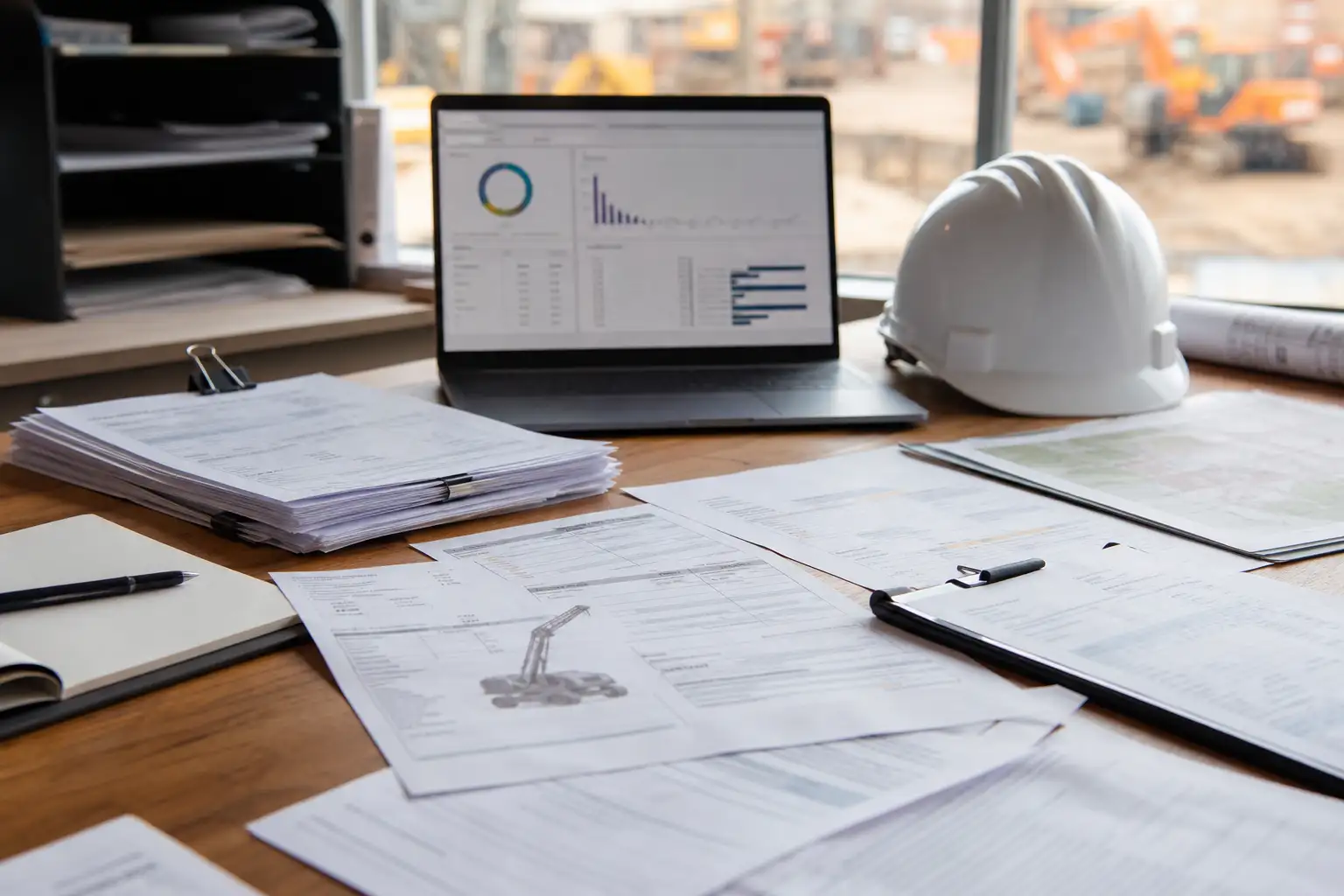 A project controls or AP professional reviewing rental contracts, pickup notes, and equipment status reports at a desk