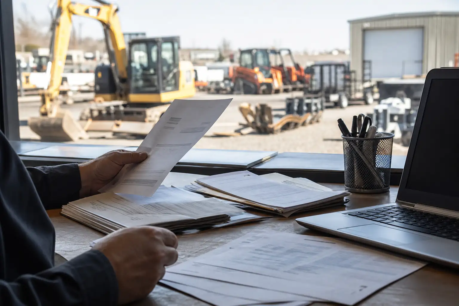 A project accounting or equipment manager reviewing rental invoices, pickup tickets, and a contract packet at a desk with construction equipment visible in the,