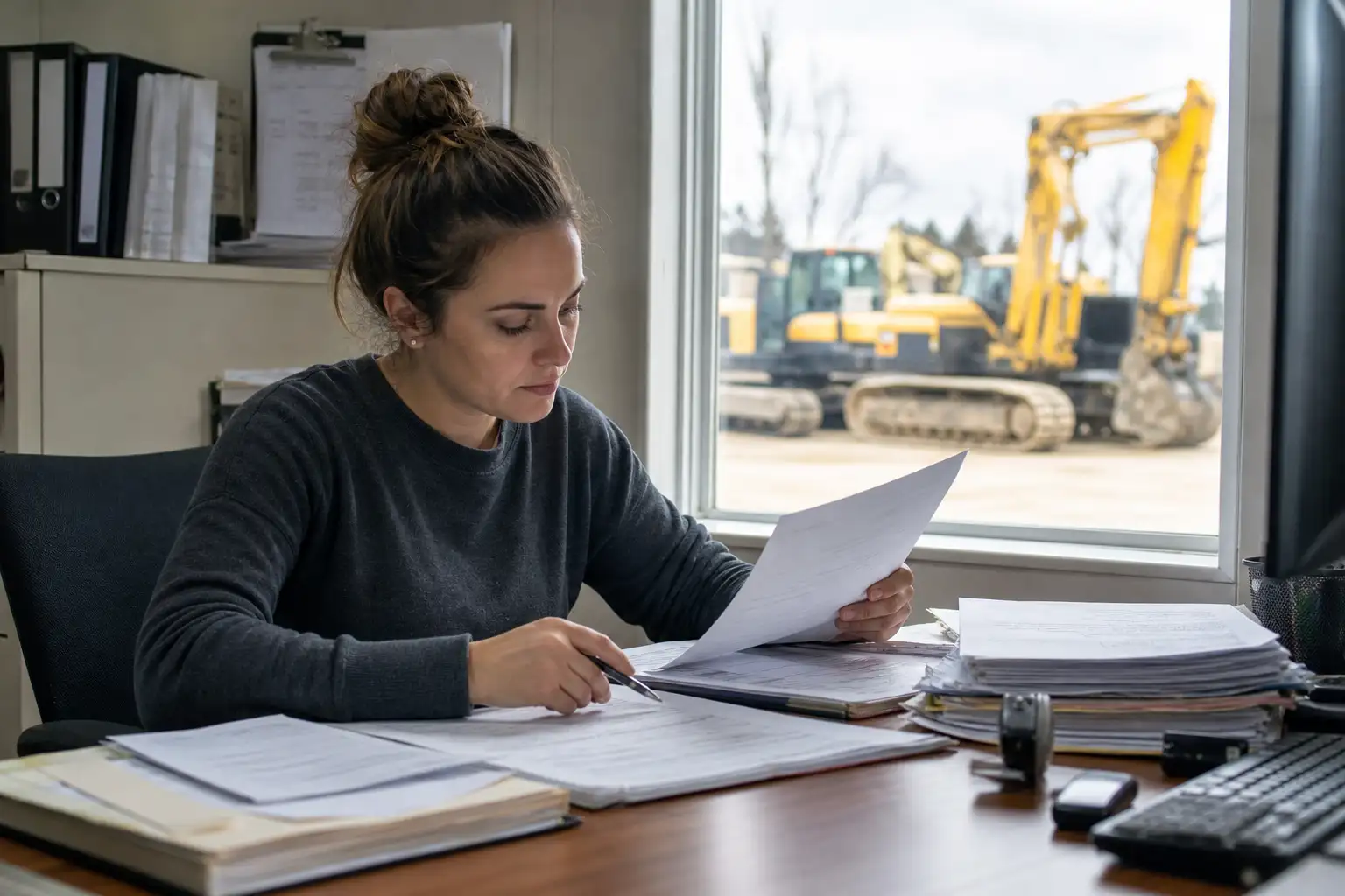 A finance or project administrator reviewing rental invoices, a contract printout, and off-rent paperwork at a desk with rented equipment visible in the yard.