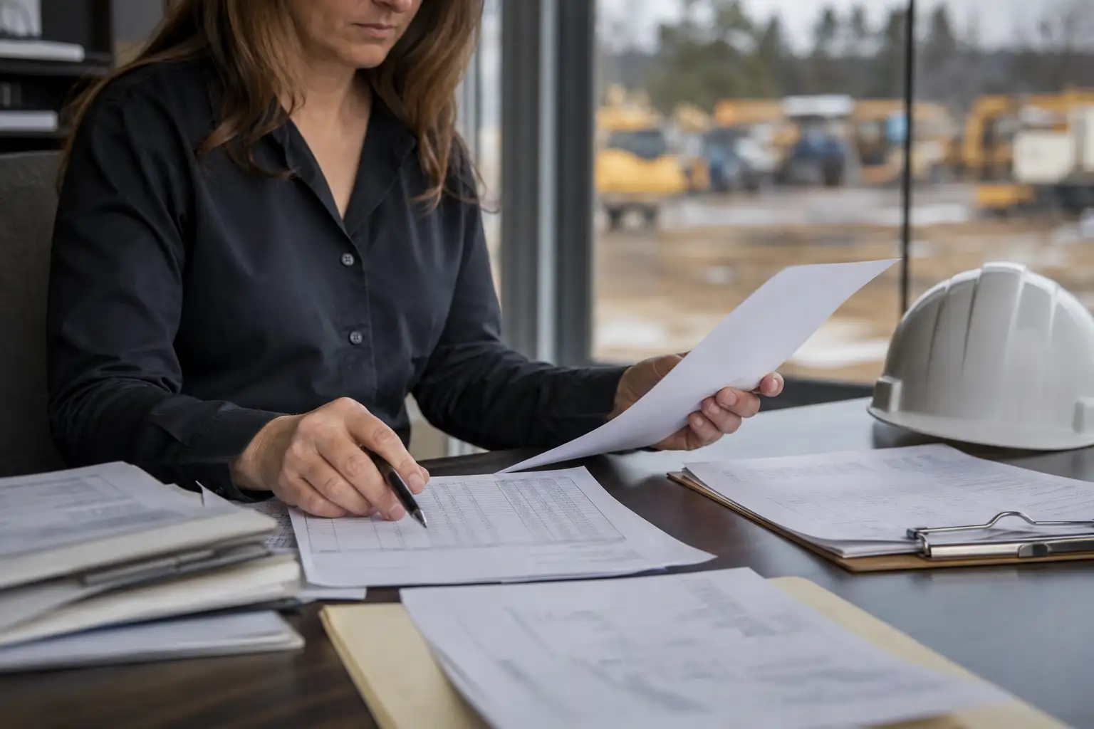 A finance manager reviewing rental paperwork, a rate sheet, and equipment delivery tickets at a desk