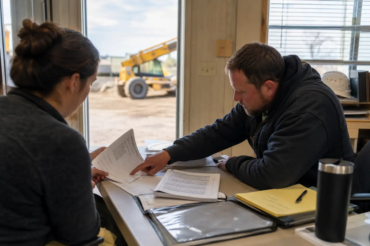 A finance and project team reviewing rental invoices, a contract, and a forecast sheet at a job-site trailer desk with excavator equipment in the background.