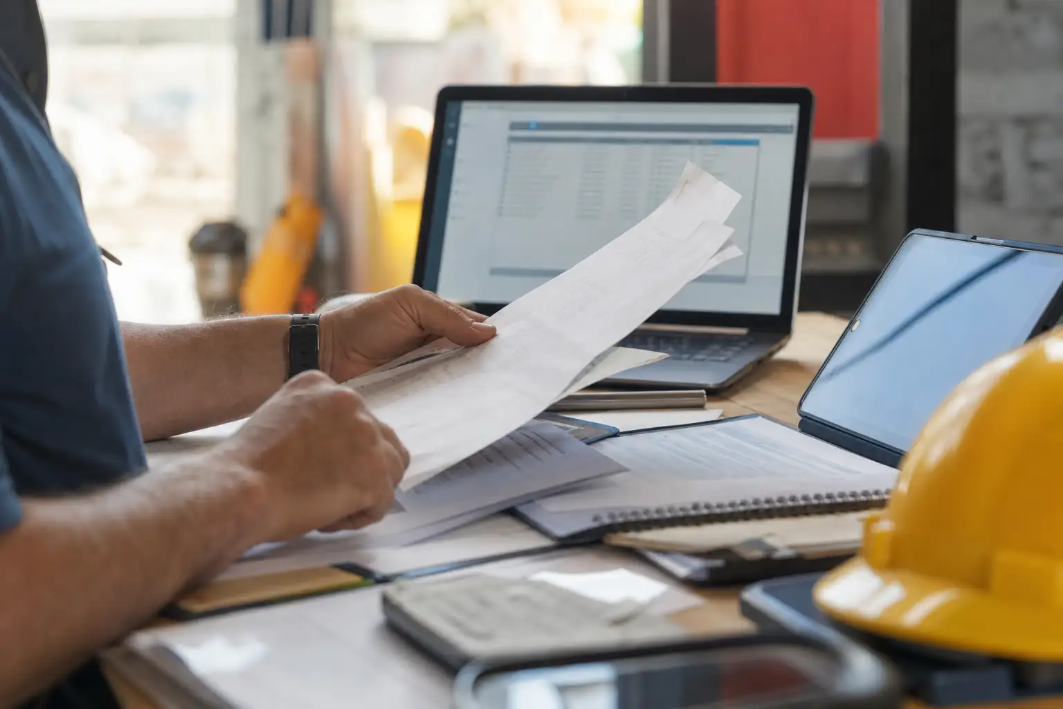 An office desk with rental invoices, a laptop, and a worker reviewing paperwork next to a hard hat and a tablet.