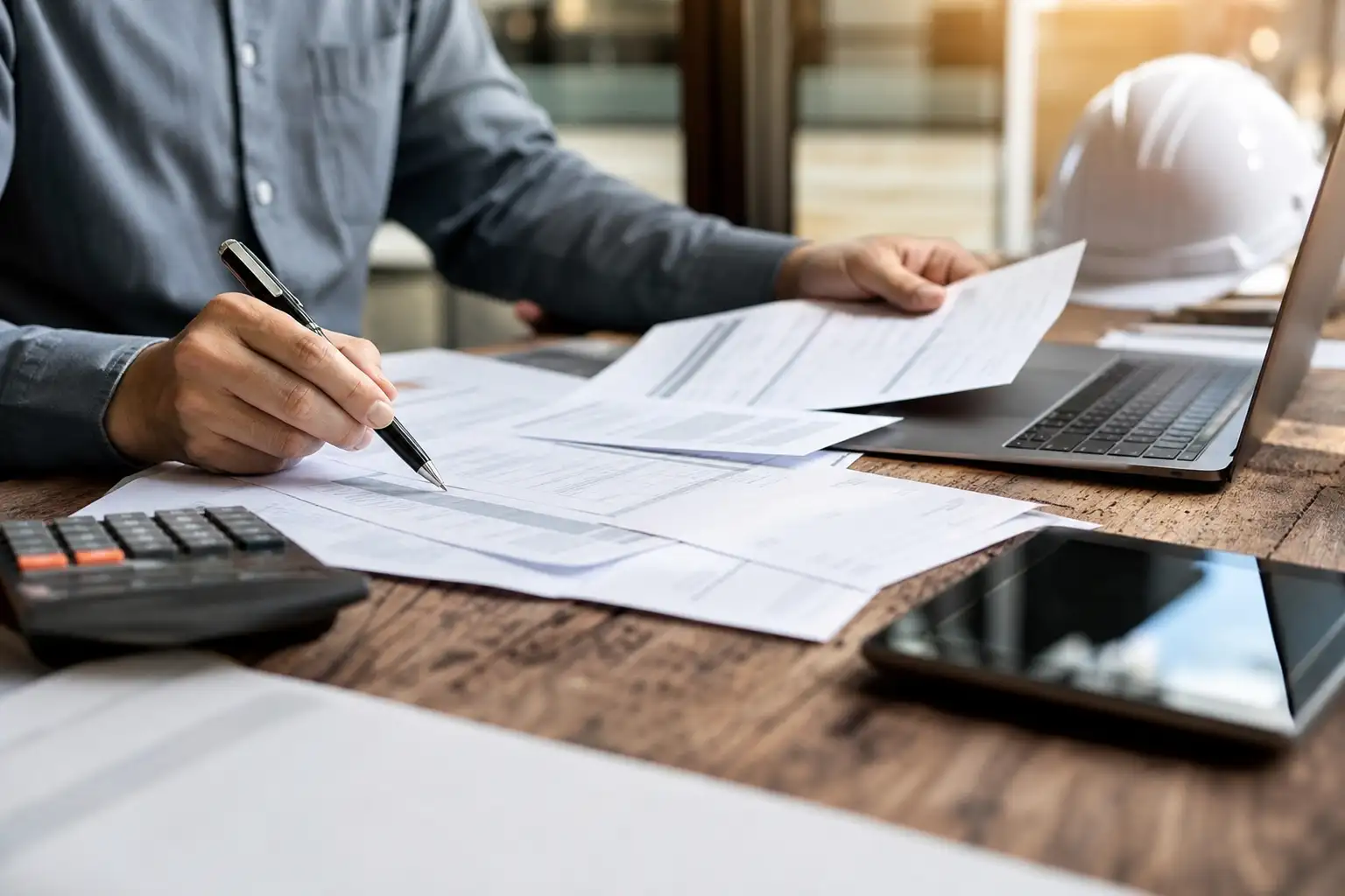 A controller reviewing rental tickets, invoices, and a project status sheet at a desk with a hard hat and tablet nearby.