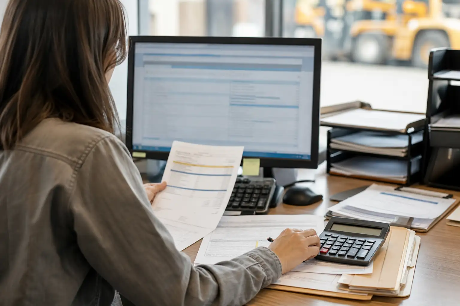 An AP reviewer comparing a rental invoice on a monitor with printed supporting documents at a desk