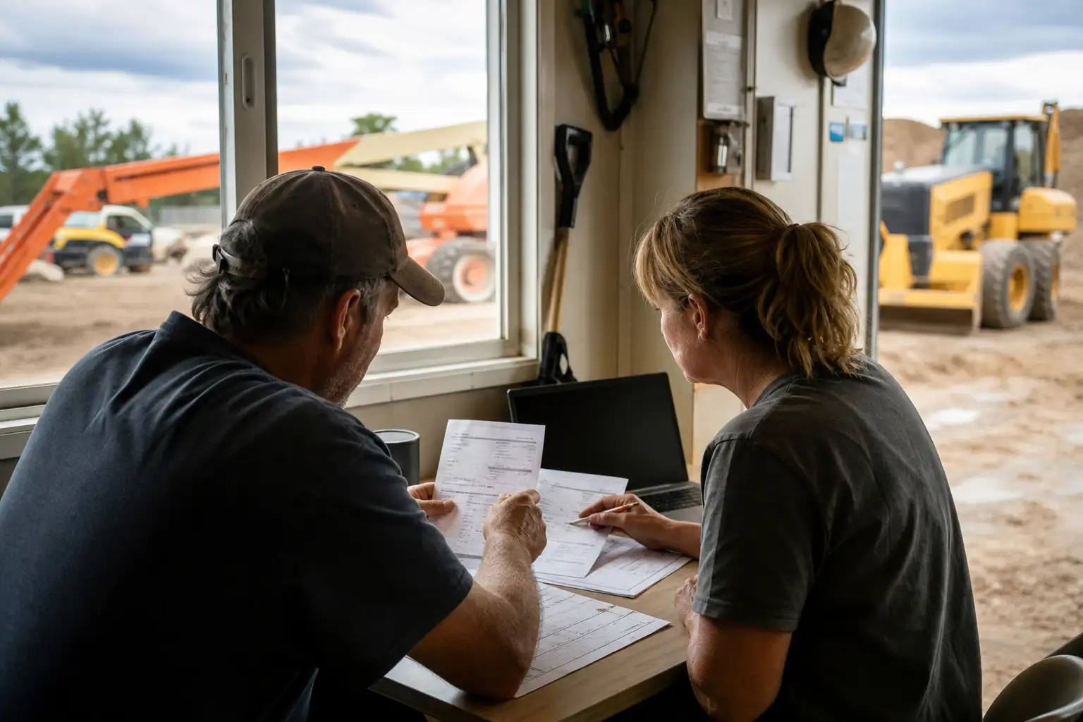A project manager and accounting staff reviewing rental paperwork, a site schedule, and a laptop in a job trailer with construction equipment outside.