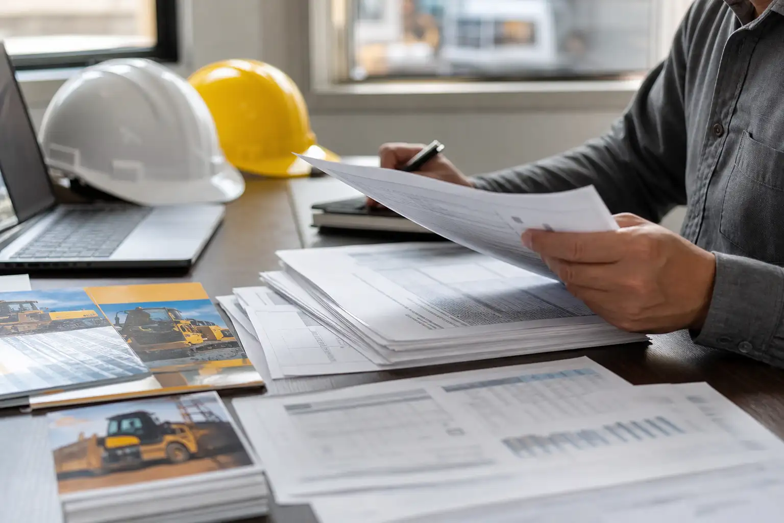 A finance and operations person reviewing rental invoices and job cost reports on a desk with hard hats and equipment brochures nearby.