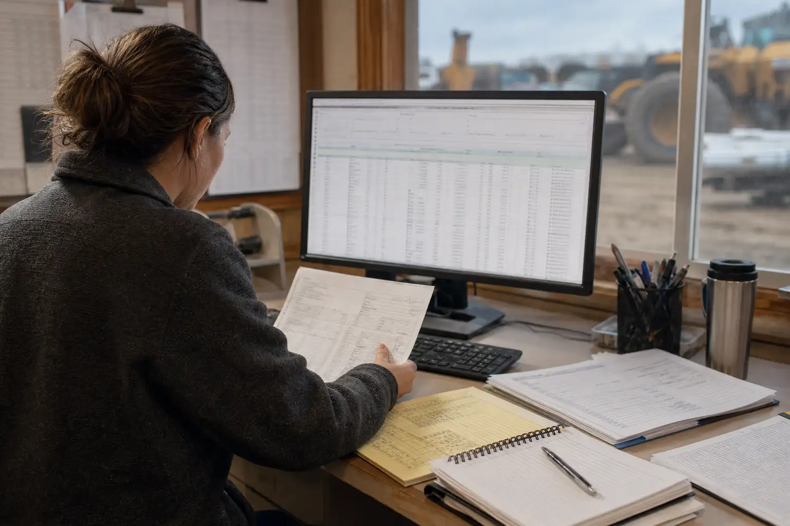 An AP analyst reviewing rental invoice change history on a monitor with paper job tickets and a laptop on a desk