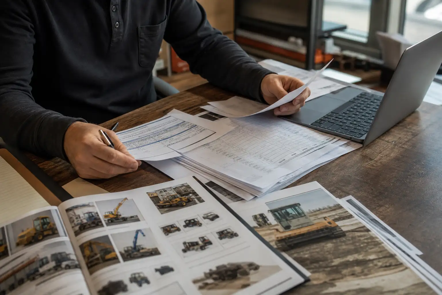 A finance or operations professional reviewing a stack of rental agreements and a printed rate sheet at a desk with equipment photos nearby.