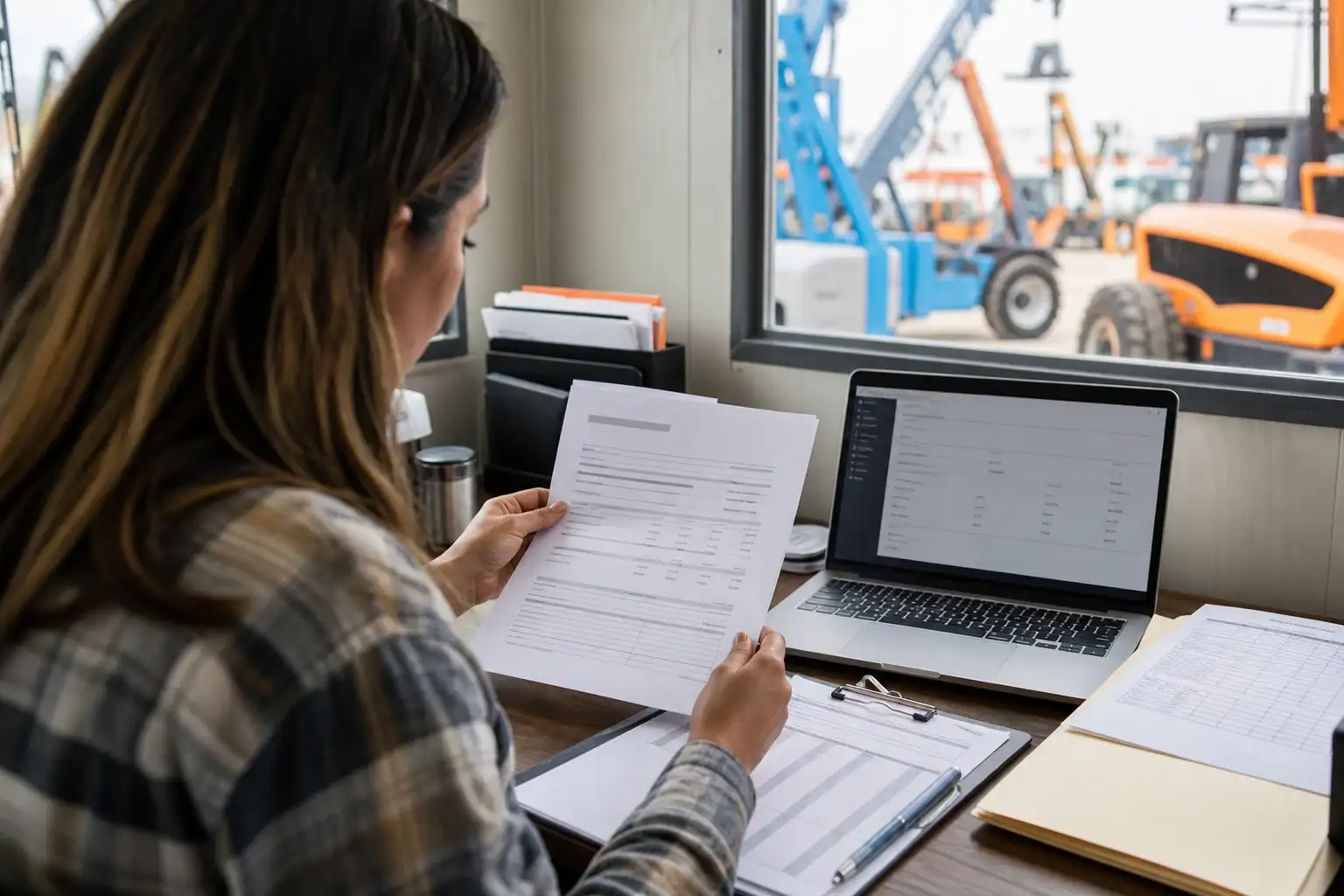 An AP or project admin reviewing rental paperwork and a laptop beside a jobsite clipboard and equipment records.