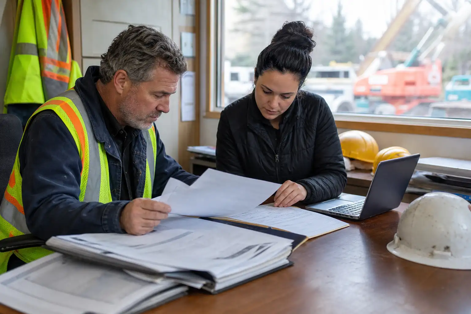 Two office workers reviewing a rental invoice, a contract packet, and delivery paperwork at a jobsite desk.