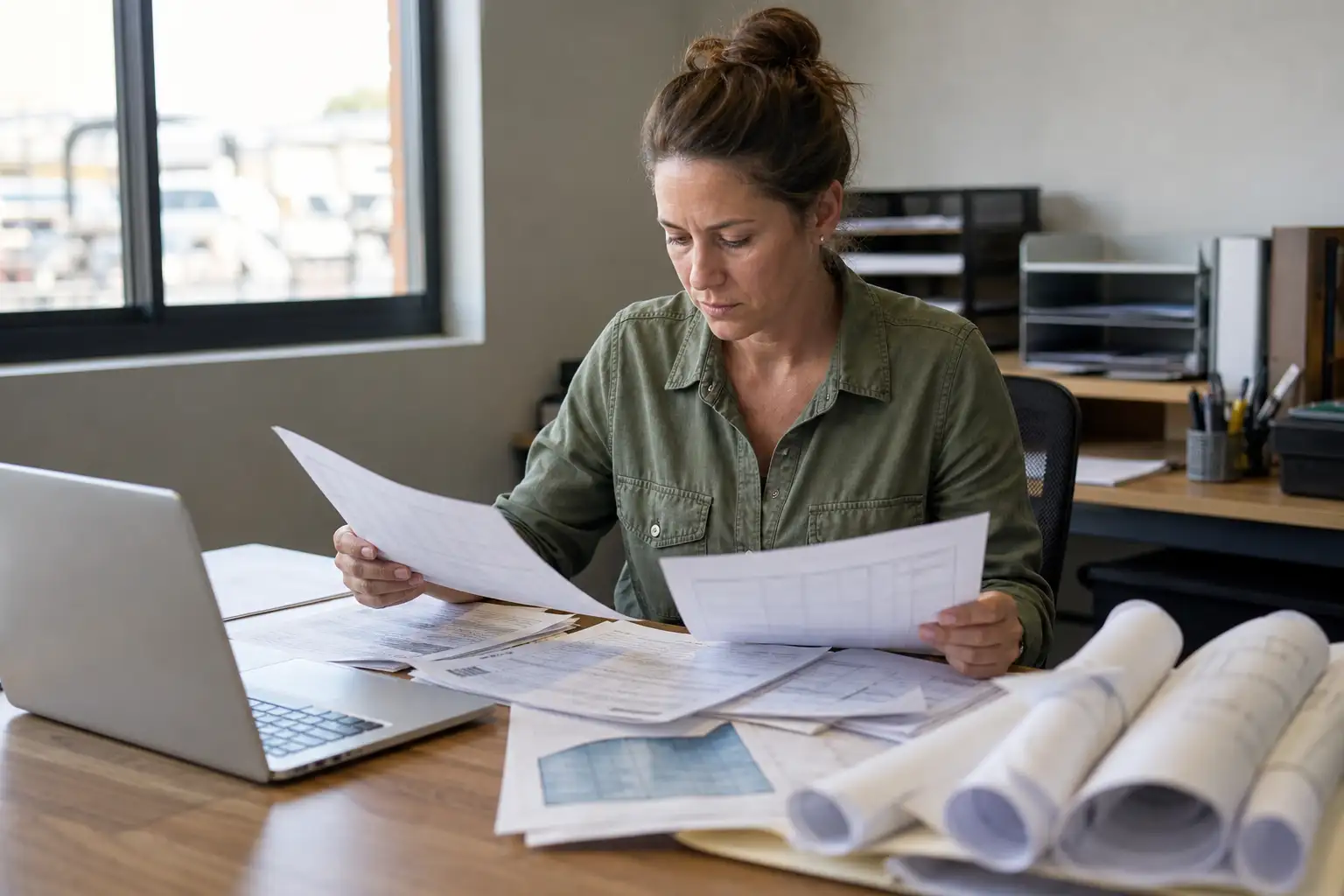 An AP clerk reviewing rental invoices, a rate sheet, and a tablet with job-site paperwork on a desk