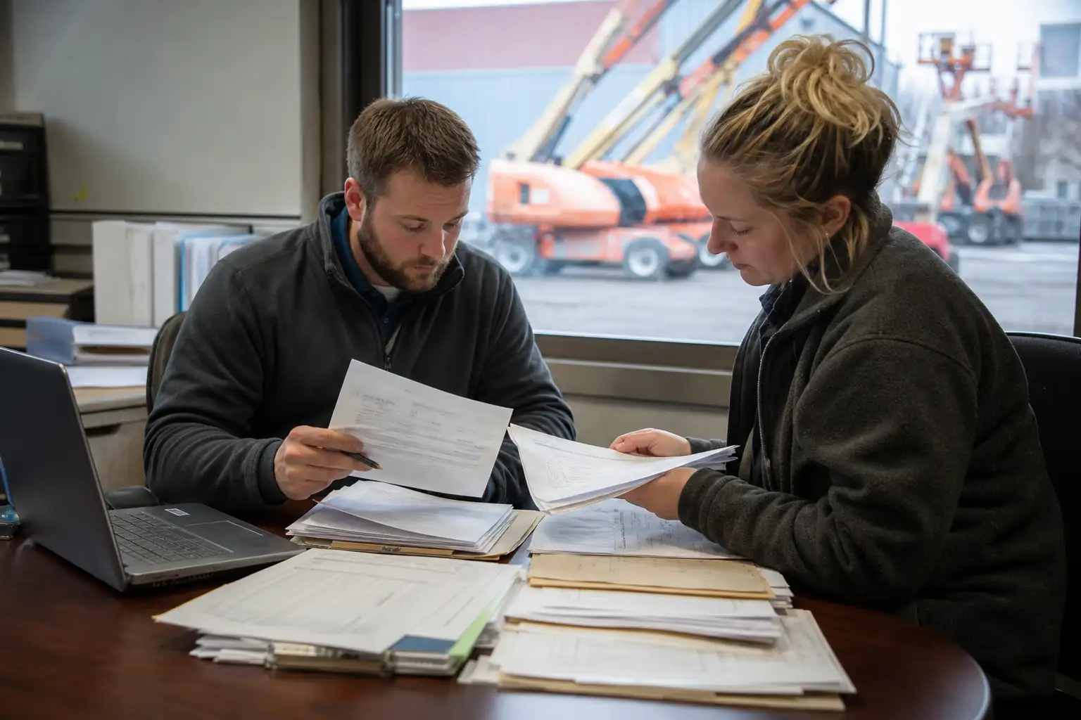 A finance and operations team reviewing rental invoices, purchase orders, and off-rent tickets at a desk with job-site paperwork spread out.