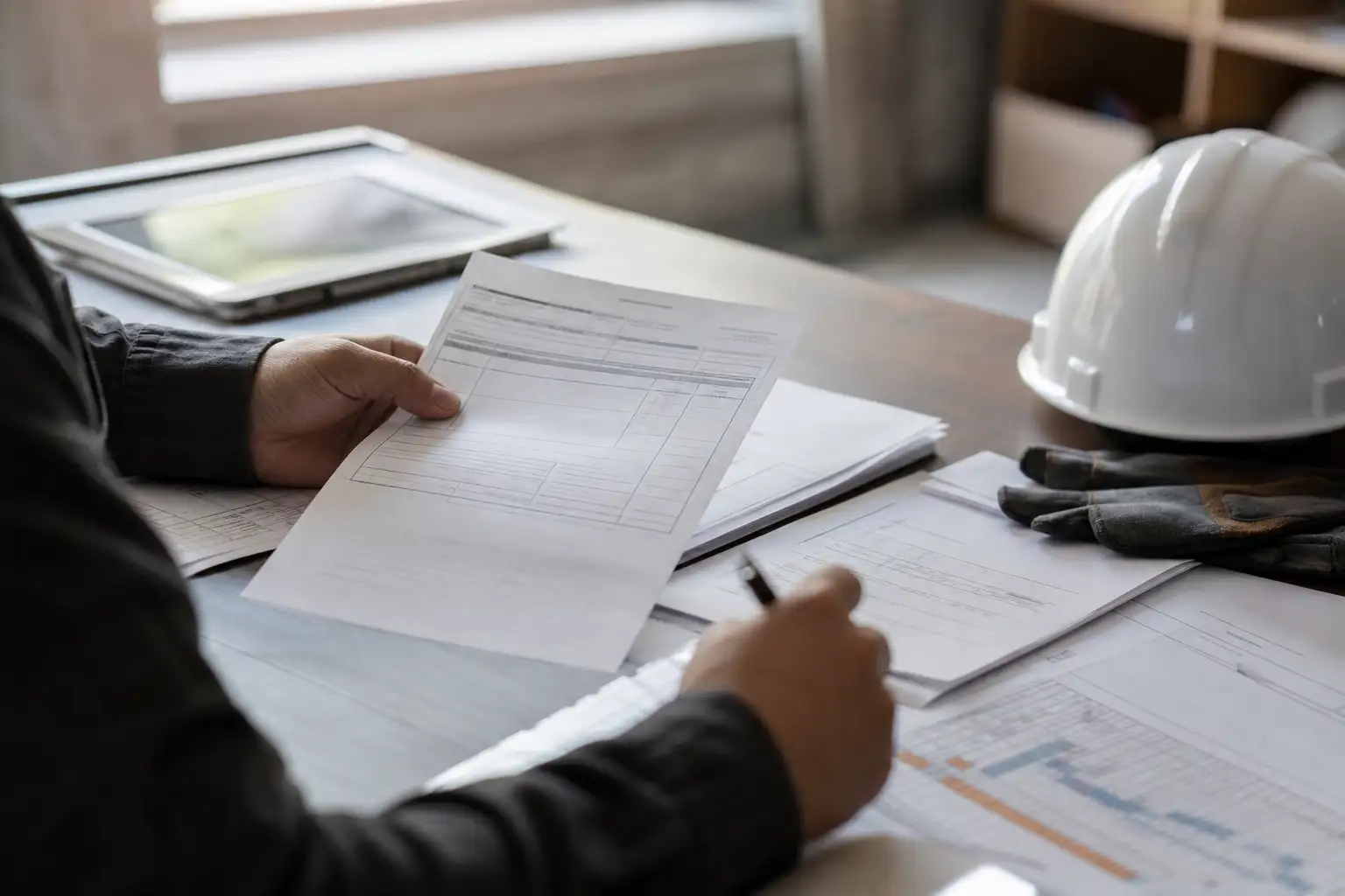 A finance or equipment coordinator reviewing rental paperwork, a delivery ticket, and an invoice at a desk near a job-site window