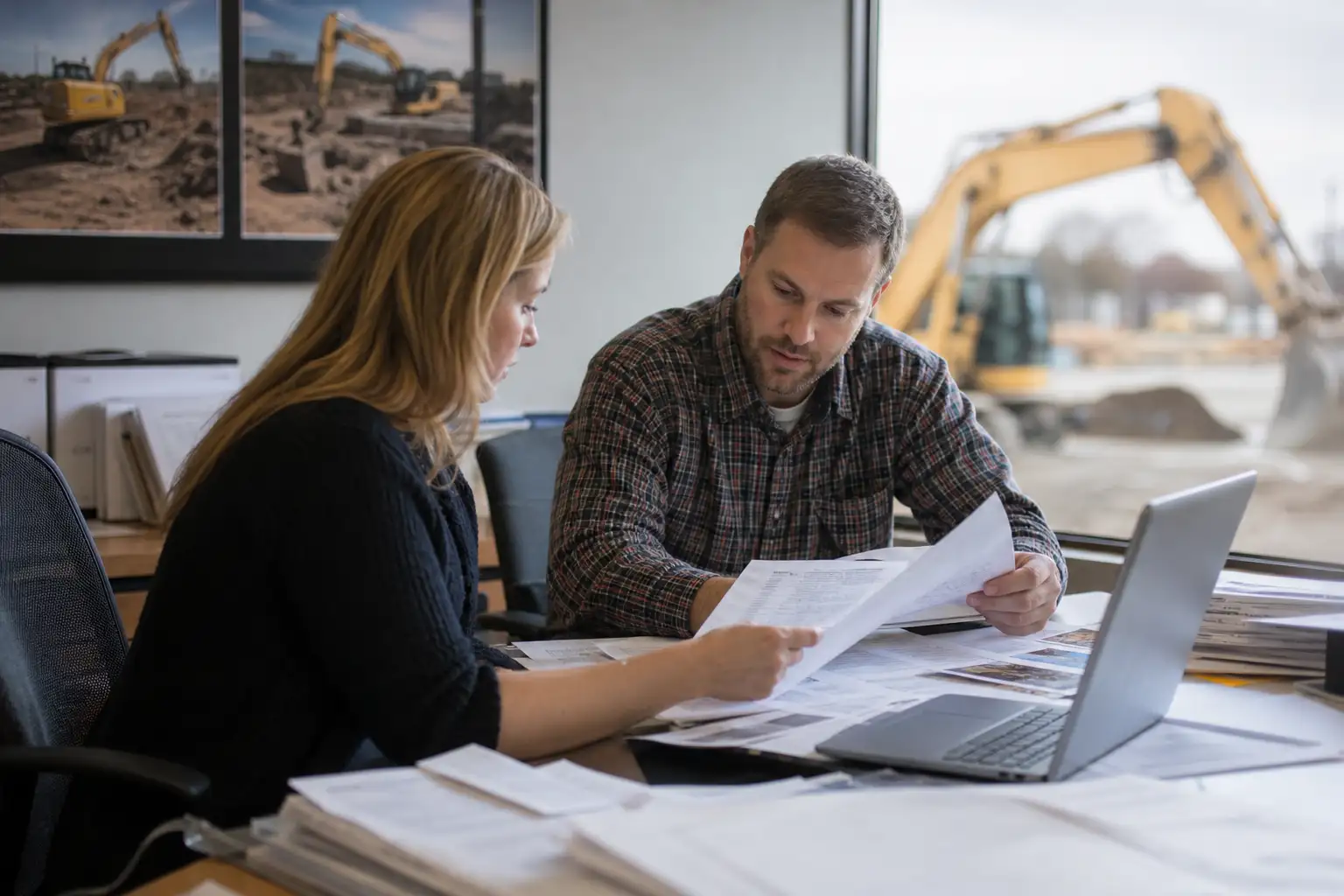 An AP clerk and a project manager reviewing a stack of rental invoices and job coding sheets at a desk with construction equipment photos in the background.