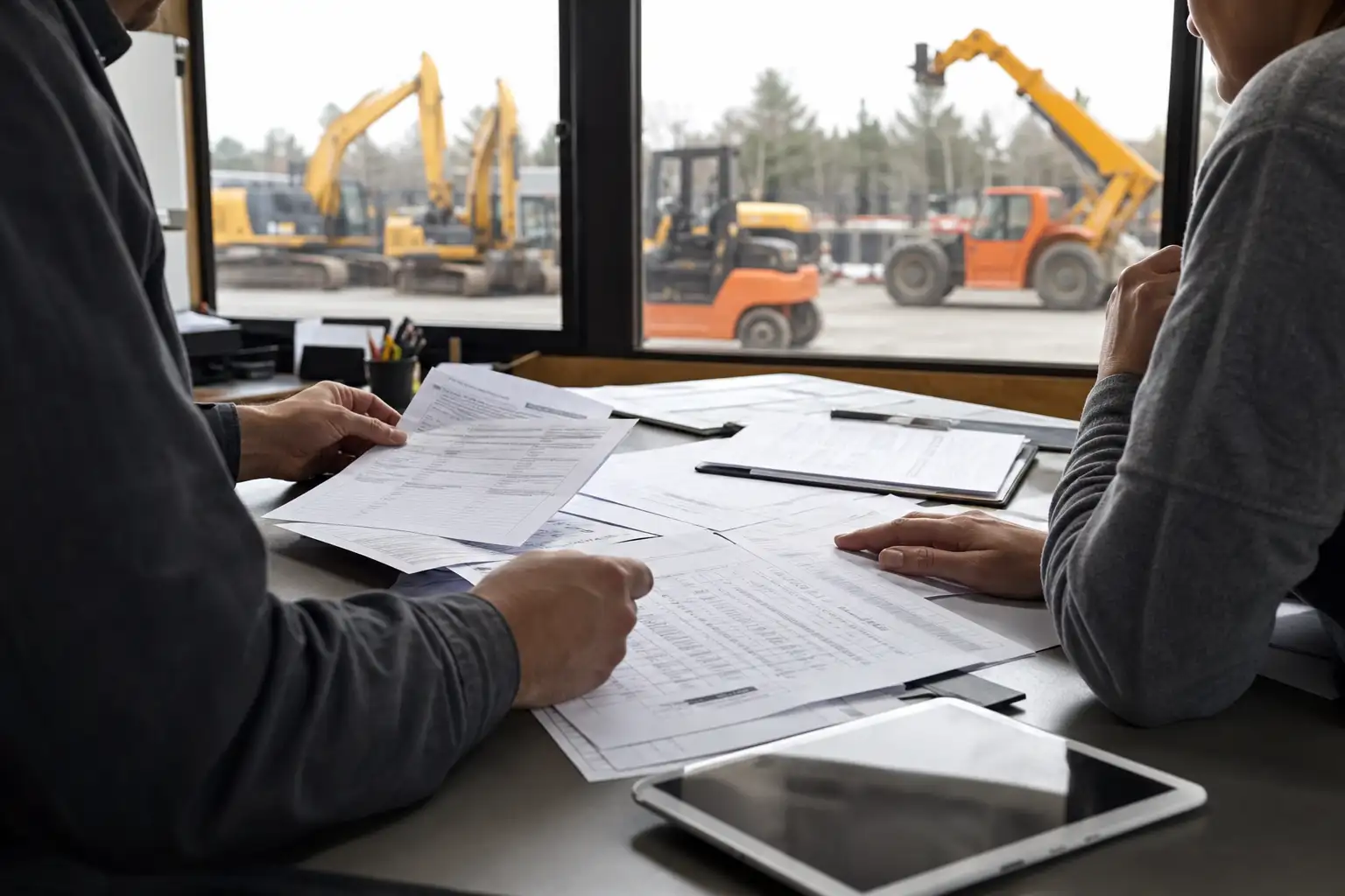 Two office staff review job schedules, open purchase orders, and equipment rental tickets at a desk with a jobsite yard visible through the window.