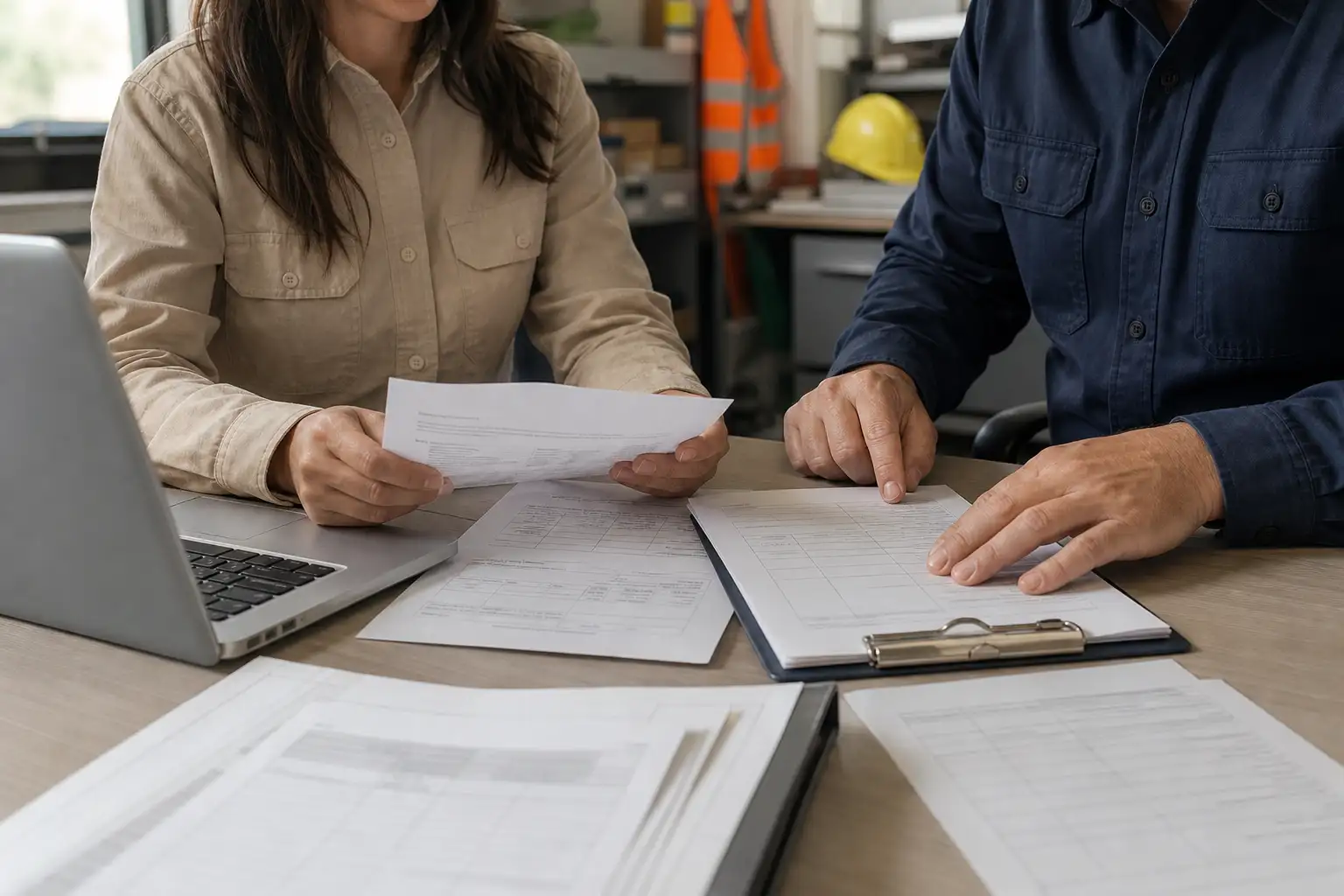 An AP or equipment manager reviewing a rental invoice, agreement, and rate sheet spread across a desk with a laptop and jobsite documents nearby.