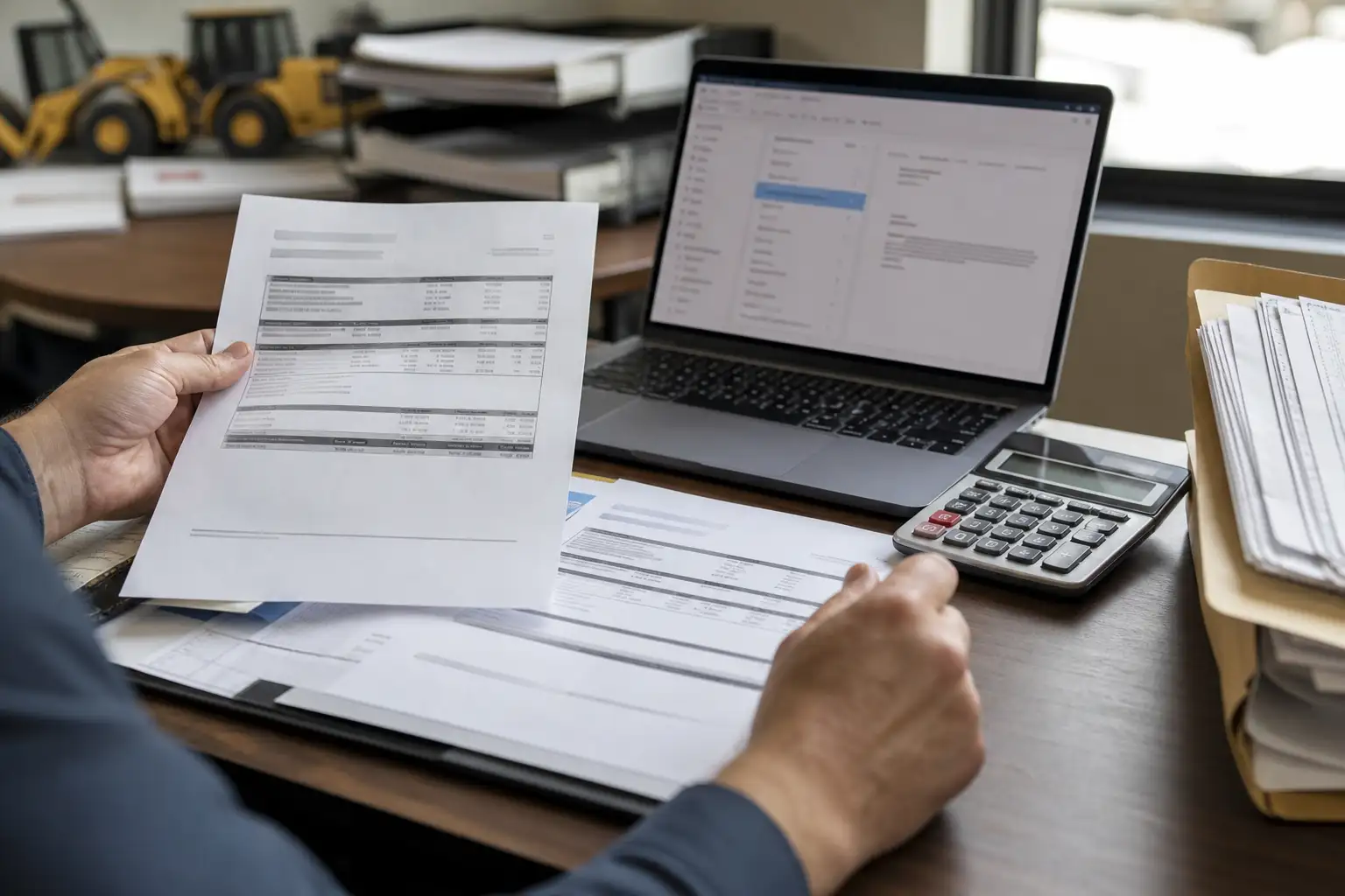 An AP clerk reviewing rental invoices, a credit memo email, and a laptop with accounting records on a desk