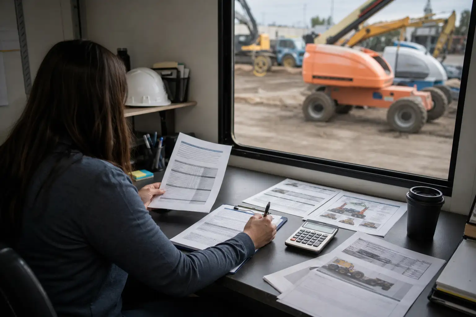 A finance or operations professional reviewing equipment rental paperwork at a job-site trailer desk with a clipboard, calculator, and printed rate sheets.