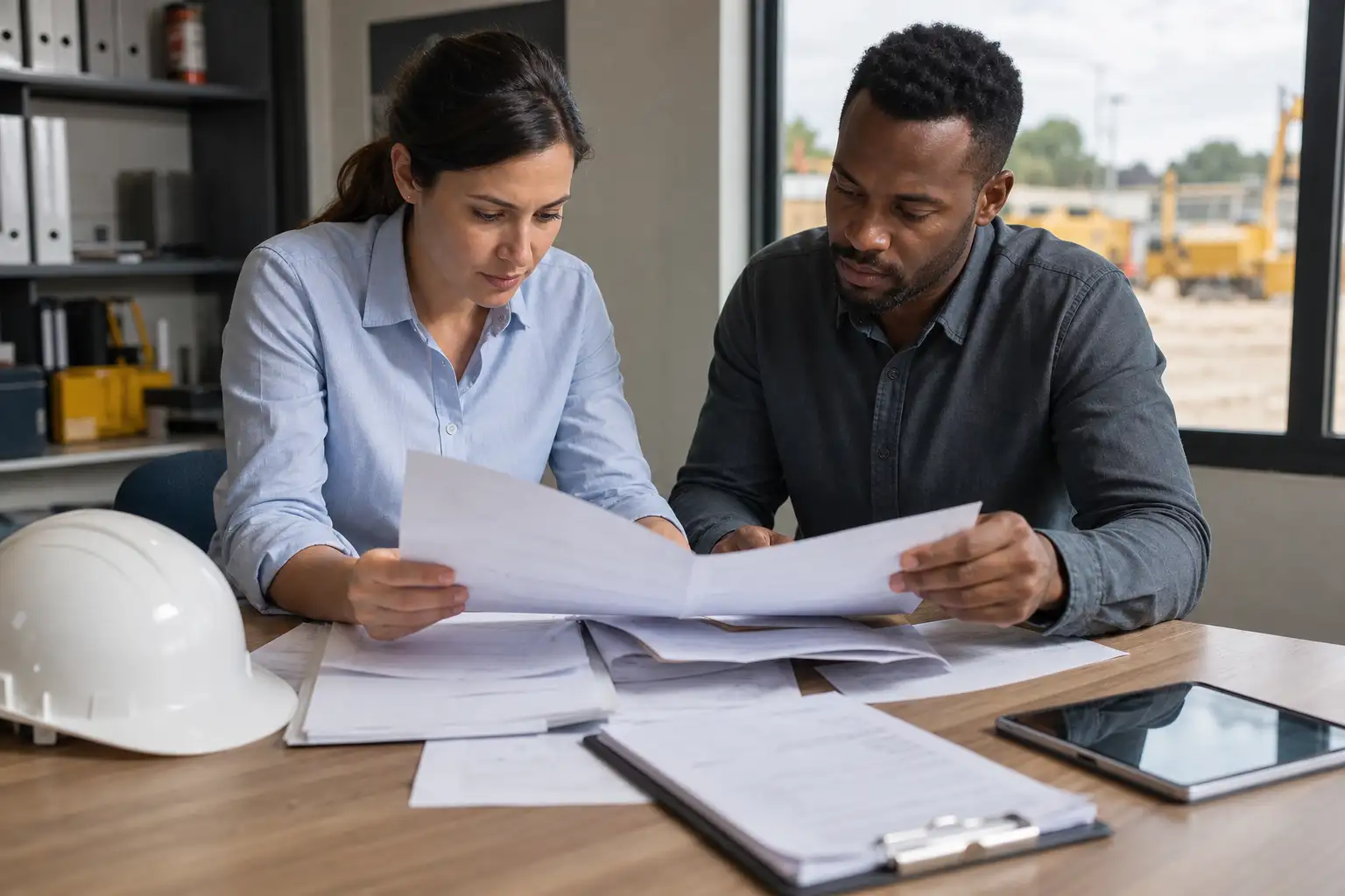 An AP reviewer and a project manager looking over a rental invoice packet beside a construction office desk with hard hats and equipment photos in the背景