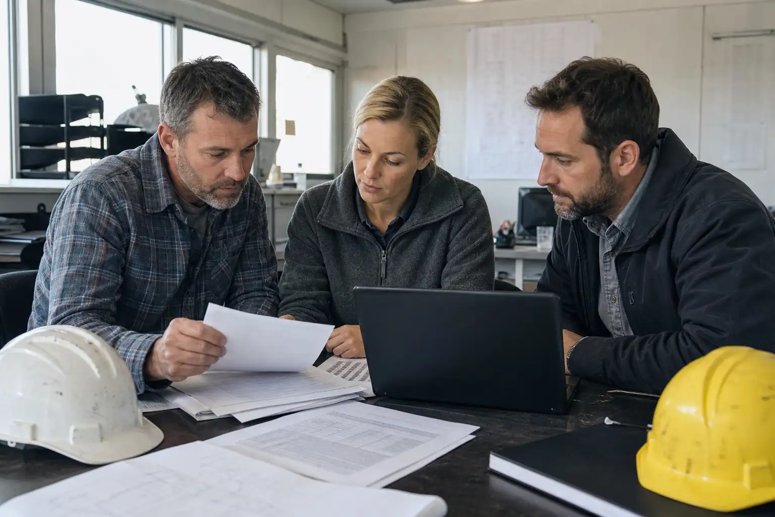 A project team reviewing rental scope notes, rate sheets, and equipment lists at a desk in a jobsite trailer