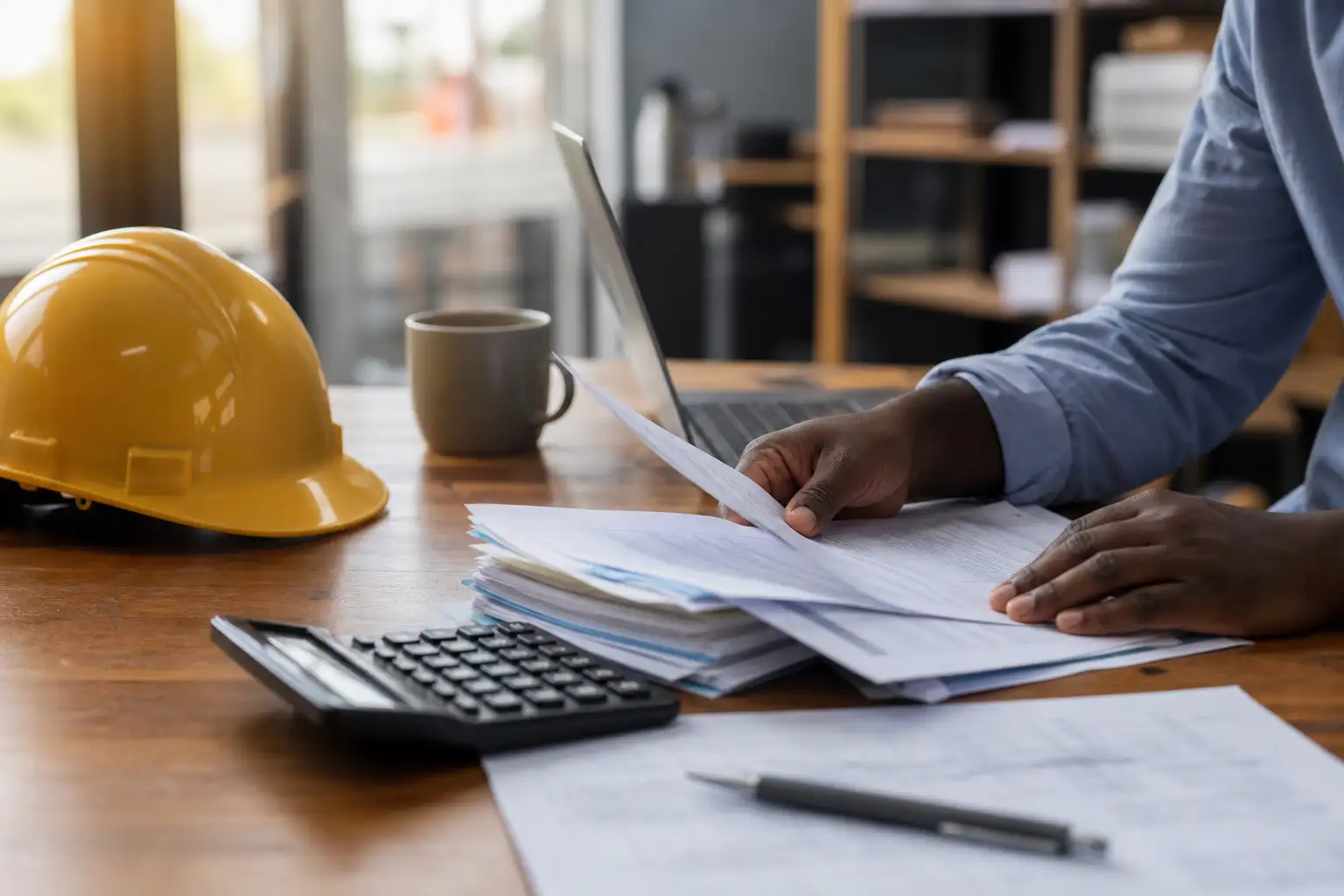 An office worker reviewing a rental agreement, rate sheet, and invoice on a desk with a calculator and hard hat nearby.