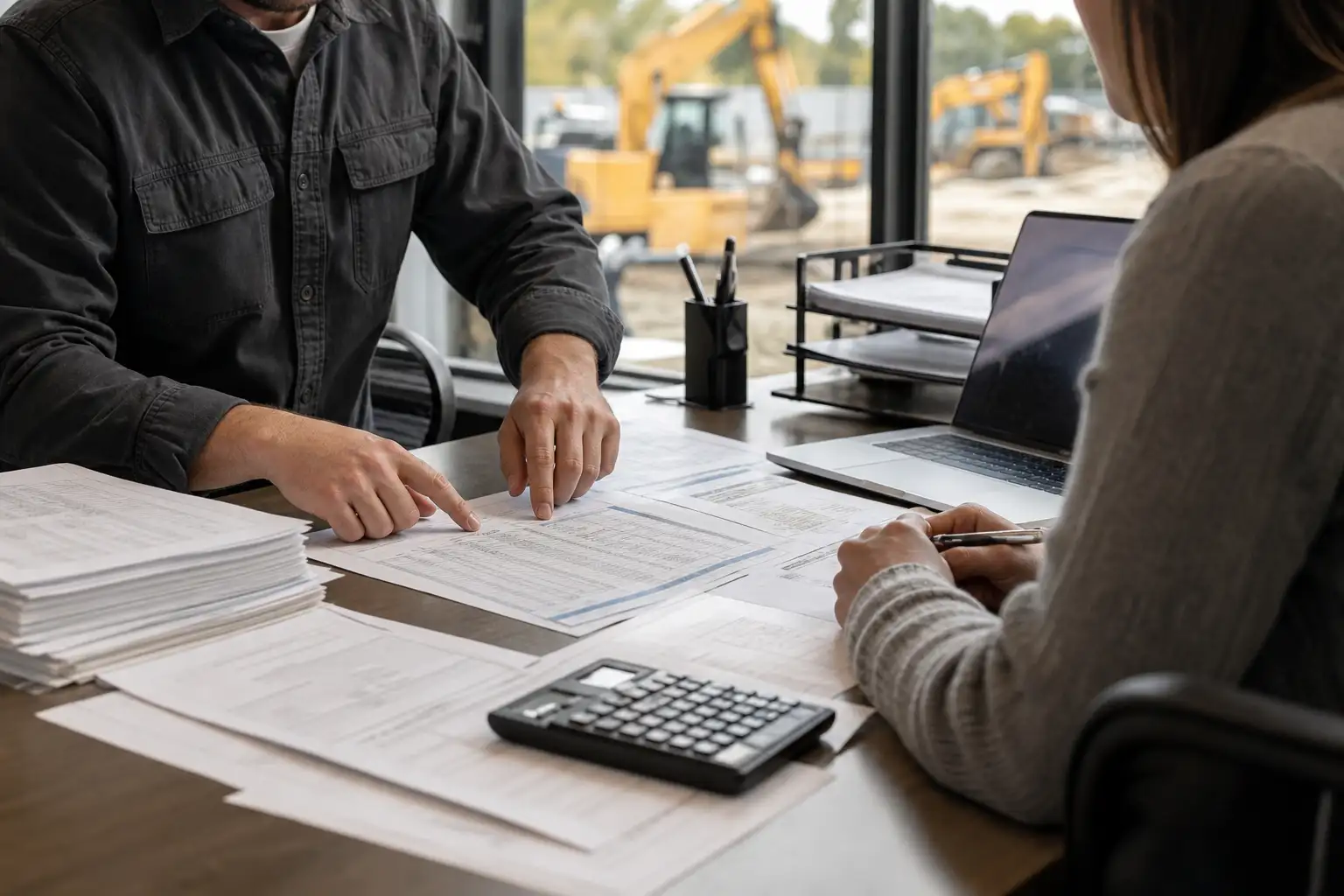 A contractor and office staff reviewing rental invoices and a rate sheet at a desk with site equipment photos and paperwork spread out.