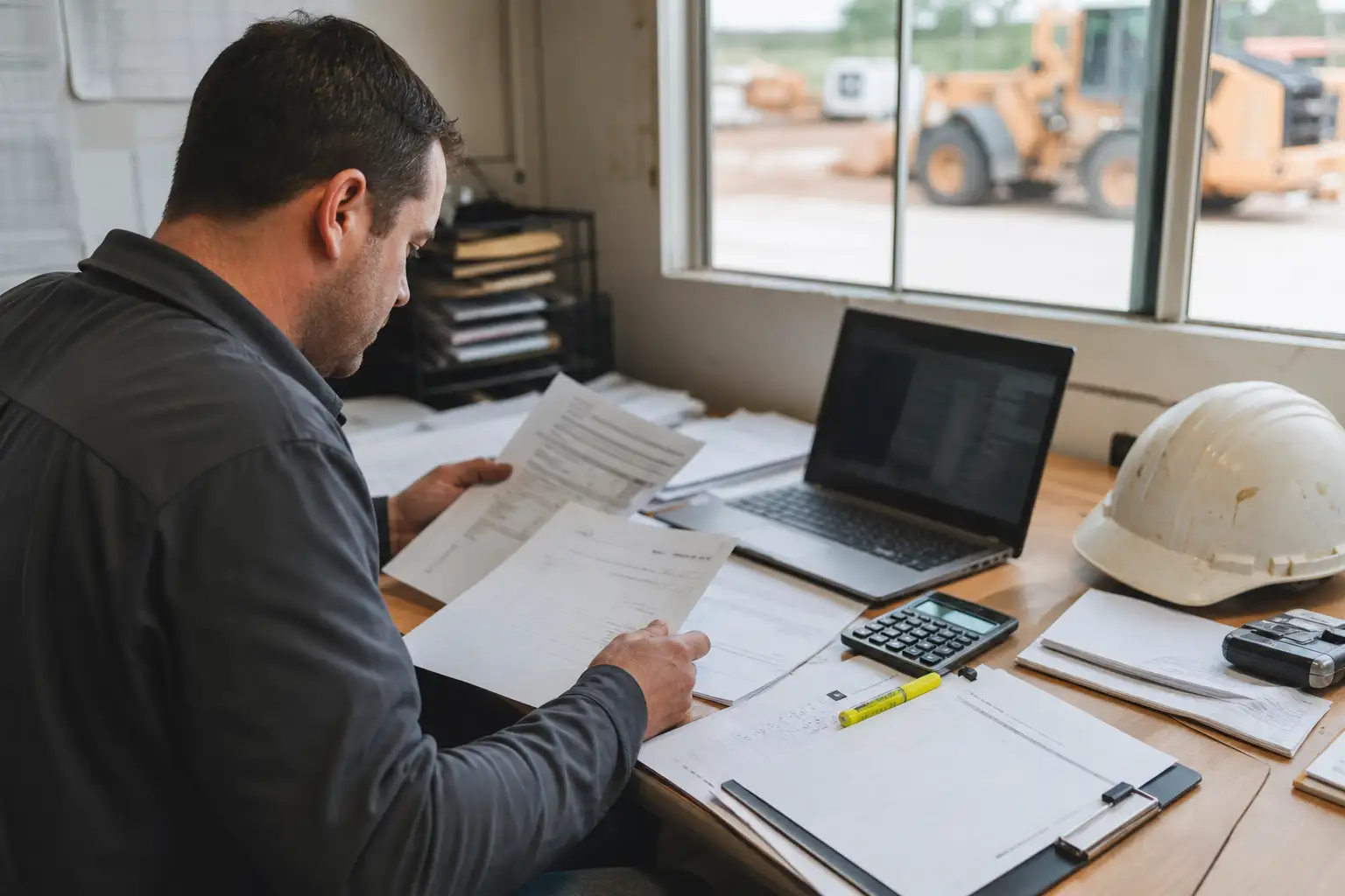 A finance or equipment manager reviewing rental invoices, off-rent notes, and a laptop at a job-site trailer desk