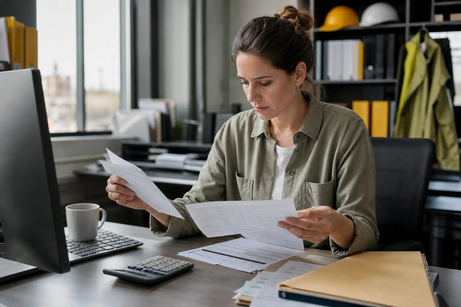An accounts payable employee reviewing a rental invoice, line items, and a credit memo at a desk with a calculator and folder.