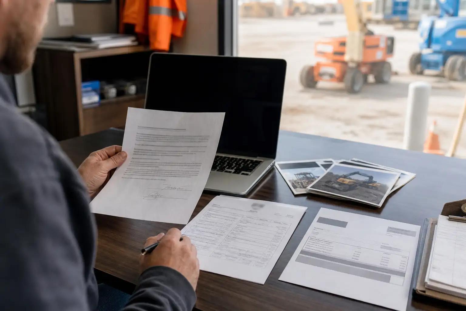 A finance or equipment manager reviewing a rental contract, delivery ticket, and invoice at a desk with site plans and equipment photos nearby.