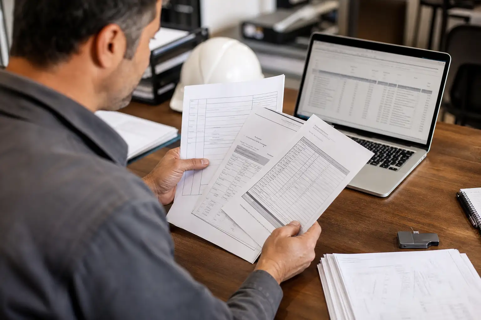 A finance or equipment manager reviewing rental paperwork, invoices, and a return ticket at a desk near job-site records.