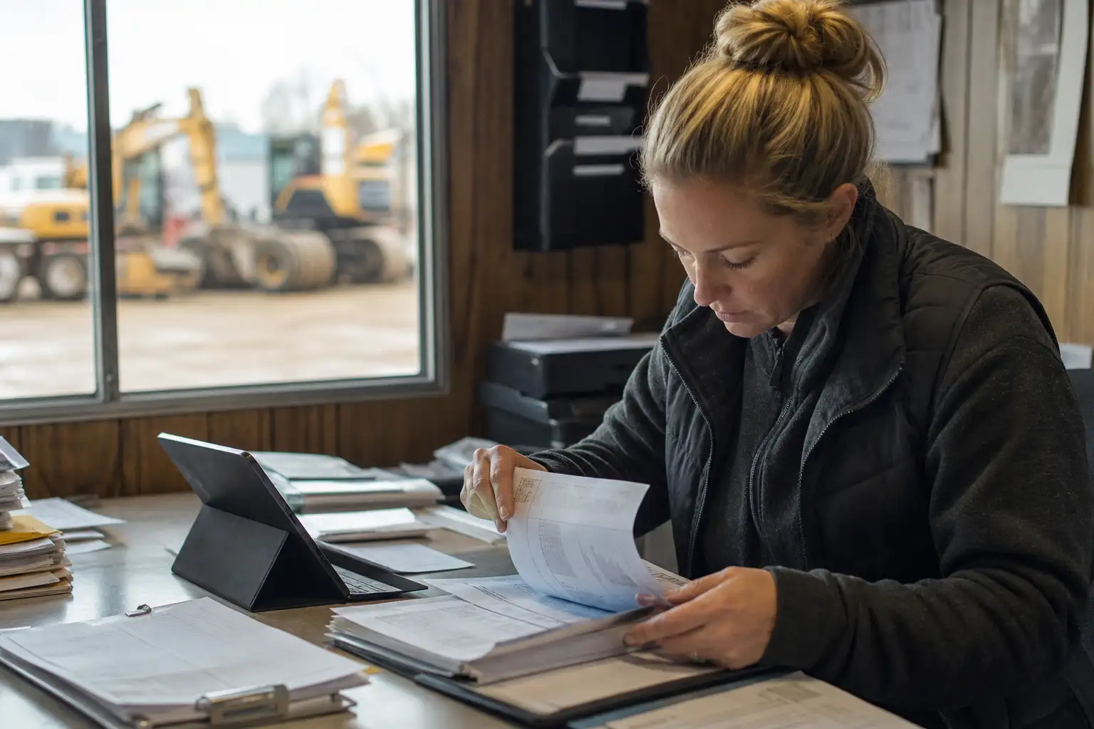 A finance or project team member reviewing rental paperwork, a tablet, and printed invoices at a job-site trailer table with equipment in the background.