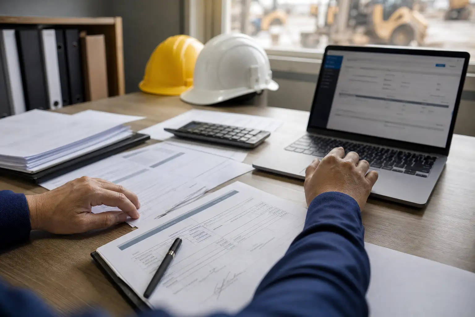 A finance or project manager reviewing rental invoices and contract papers at a desk with equipment job notes nearby.