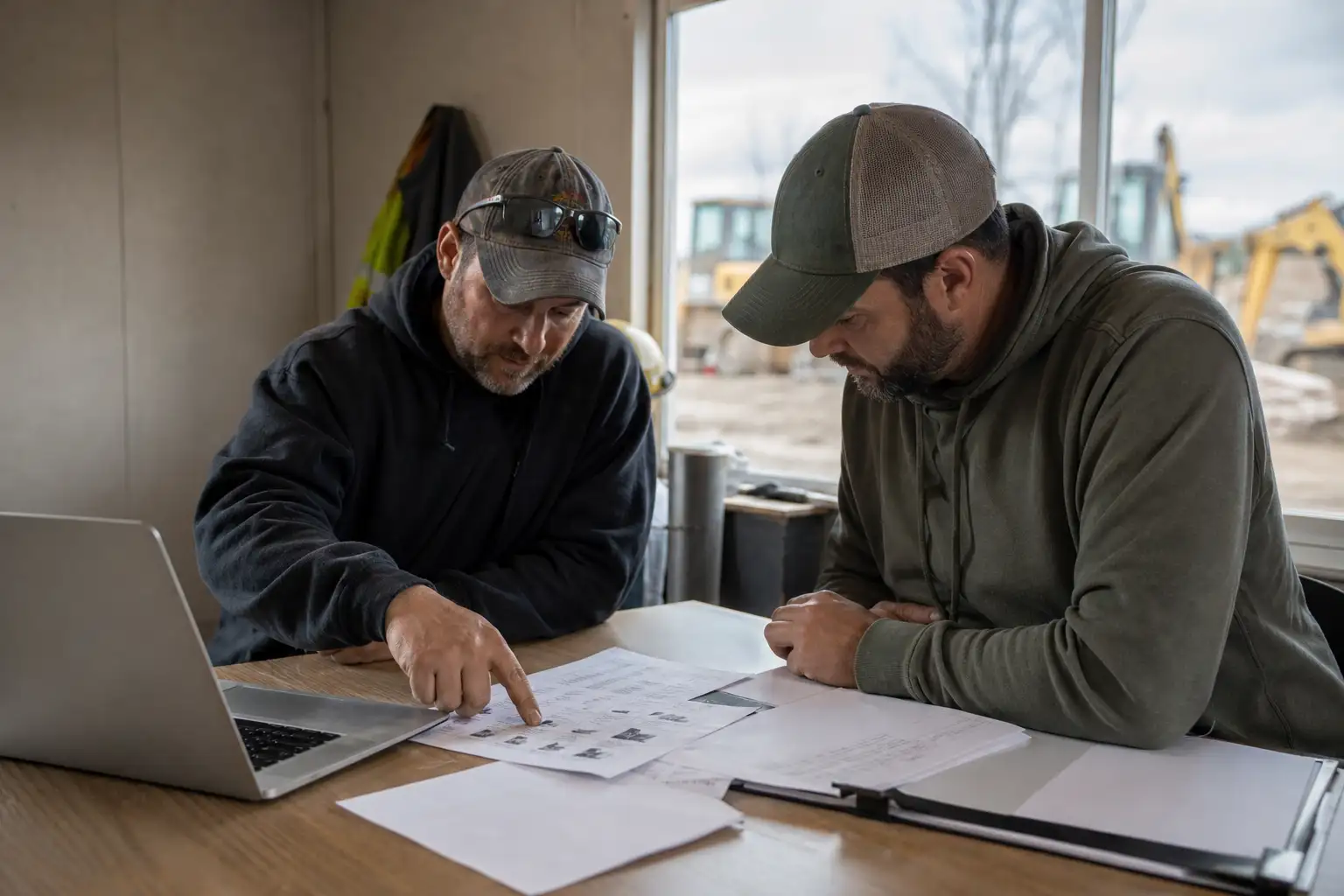 Two workers in a jobsite trailer reviewing rental paperwork, a rate sheet, and a laptop at a desk.