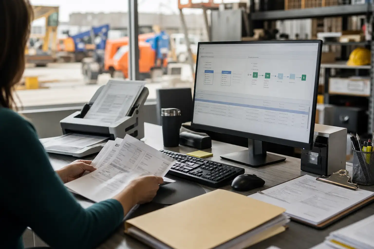 An AP clerk reviewing rental invoices on a monitor beside paper documents, with a jobsite background out of focus.
