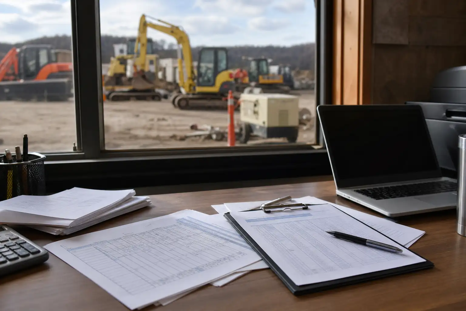 A jobsite office desk with rental invoices, a rate sheet, a clipboard, and a laptop beside an equipment yard in the background.