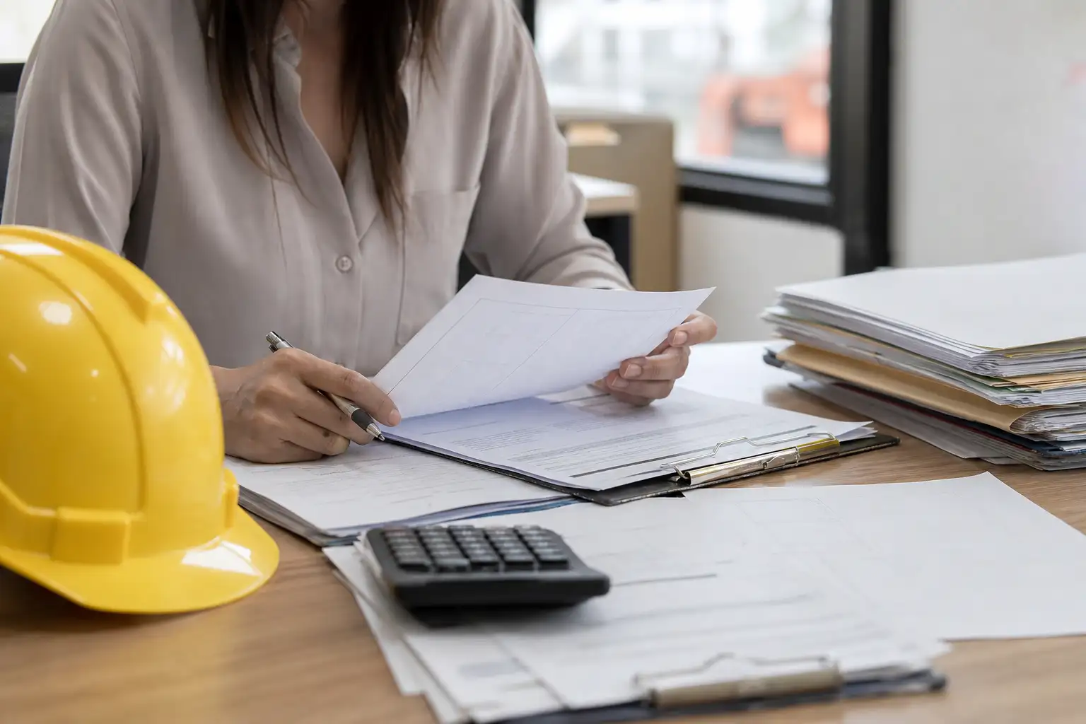 An AP or project admin reviewing a rental invoice, purchase order, and off-rent paperwork at a desk with a hard hat and equipment folders nearby.