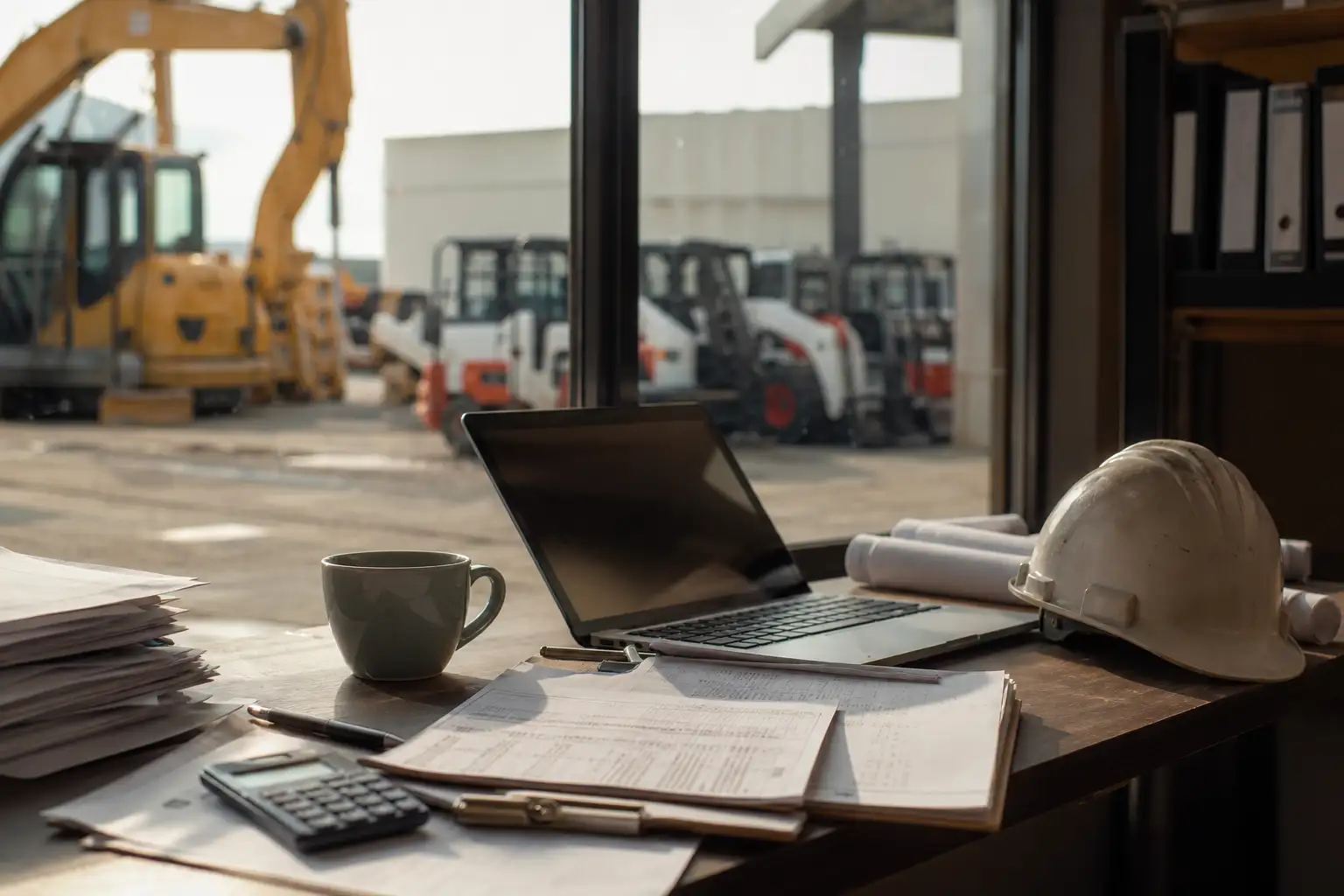 A finance or equipment manager reviewing rental paperwork and a rate sheet at a desk with a jobsite visible in the background.