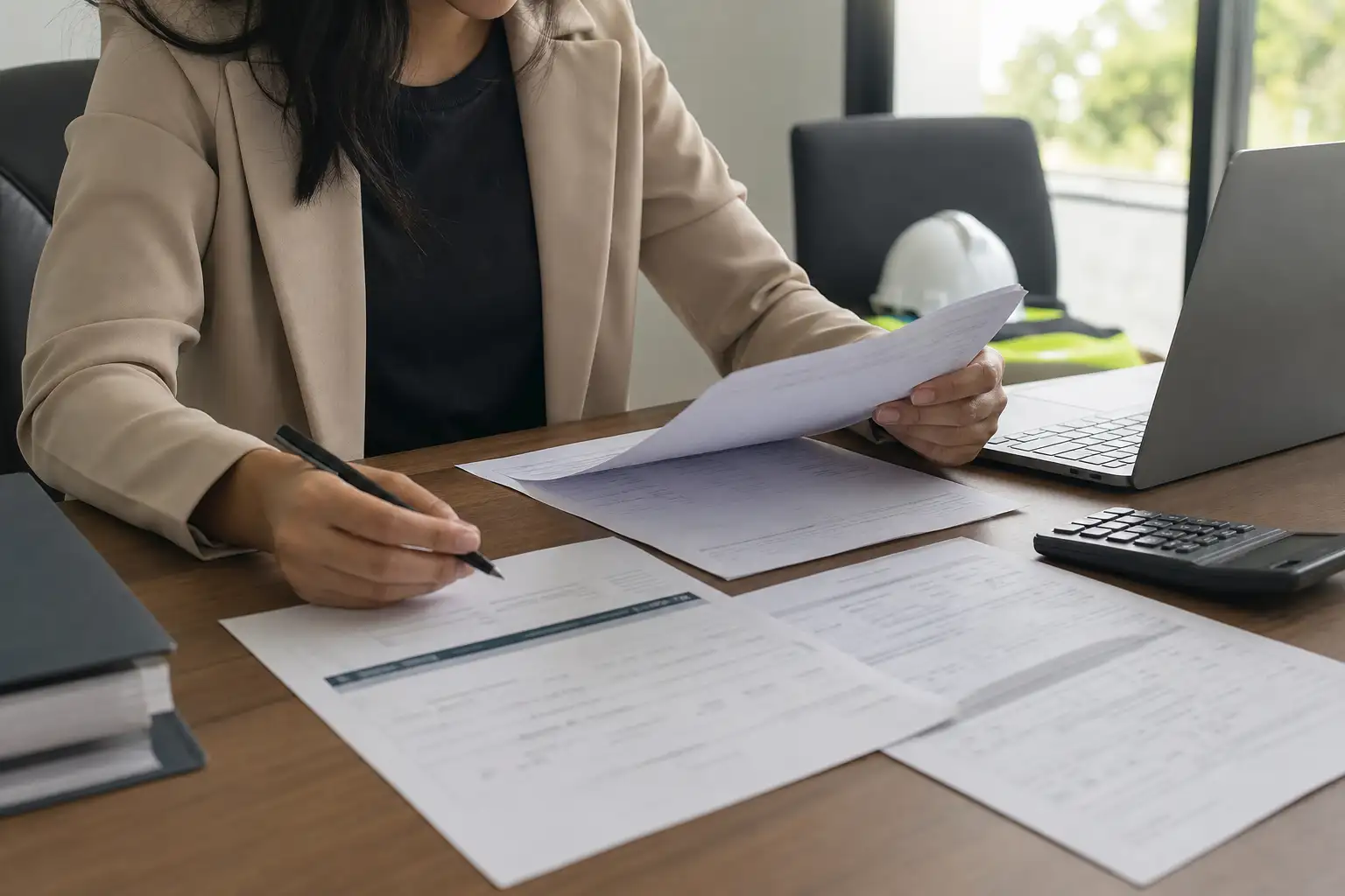 A finance or AP professional reviewing a rental invoice, a contract, and a return confirmation at a desk with equipment paperwork nearby.