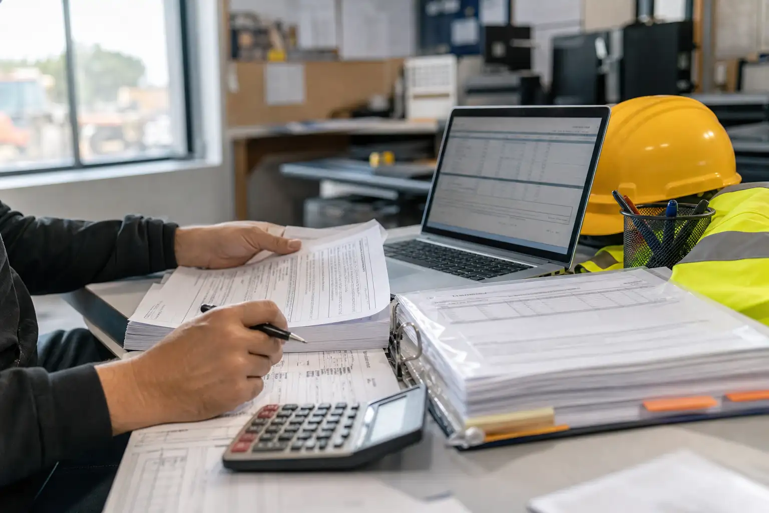 An office desk with rental invoices, a laptop, a binder of rate sheets, and a high-visibility vest in the background.